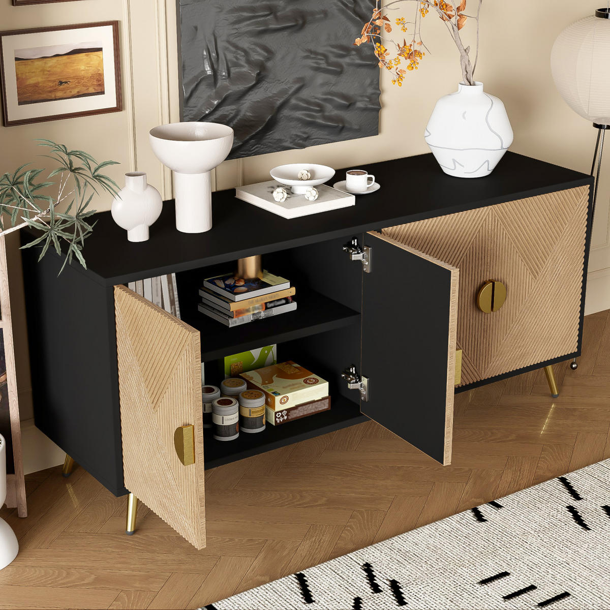 SIDEBOARD Schwarz, 4 Türen, Goldgriffe, glänzende Füße - Schwarz, Holz (160/75/40cm)