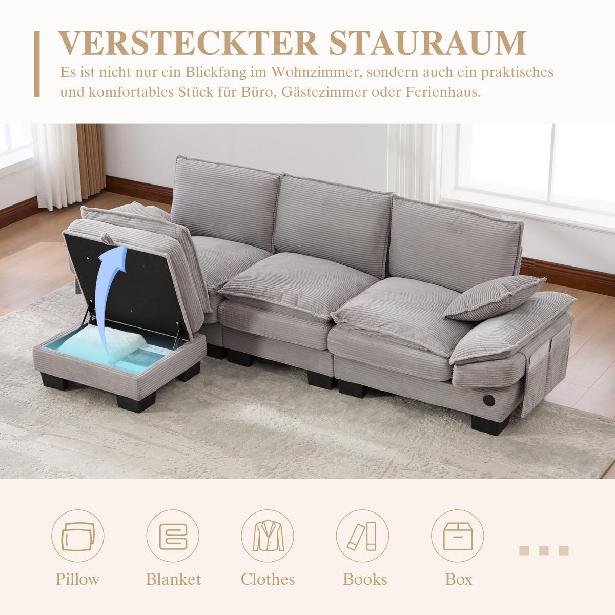 ECKSOFA 260/132/84 cm Hellgrau Cord mit 1 Fußhocker, USB-C-Anschluss und Seitentaschen - Hellgrau, Textil (260/132cm) - Oxeza