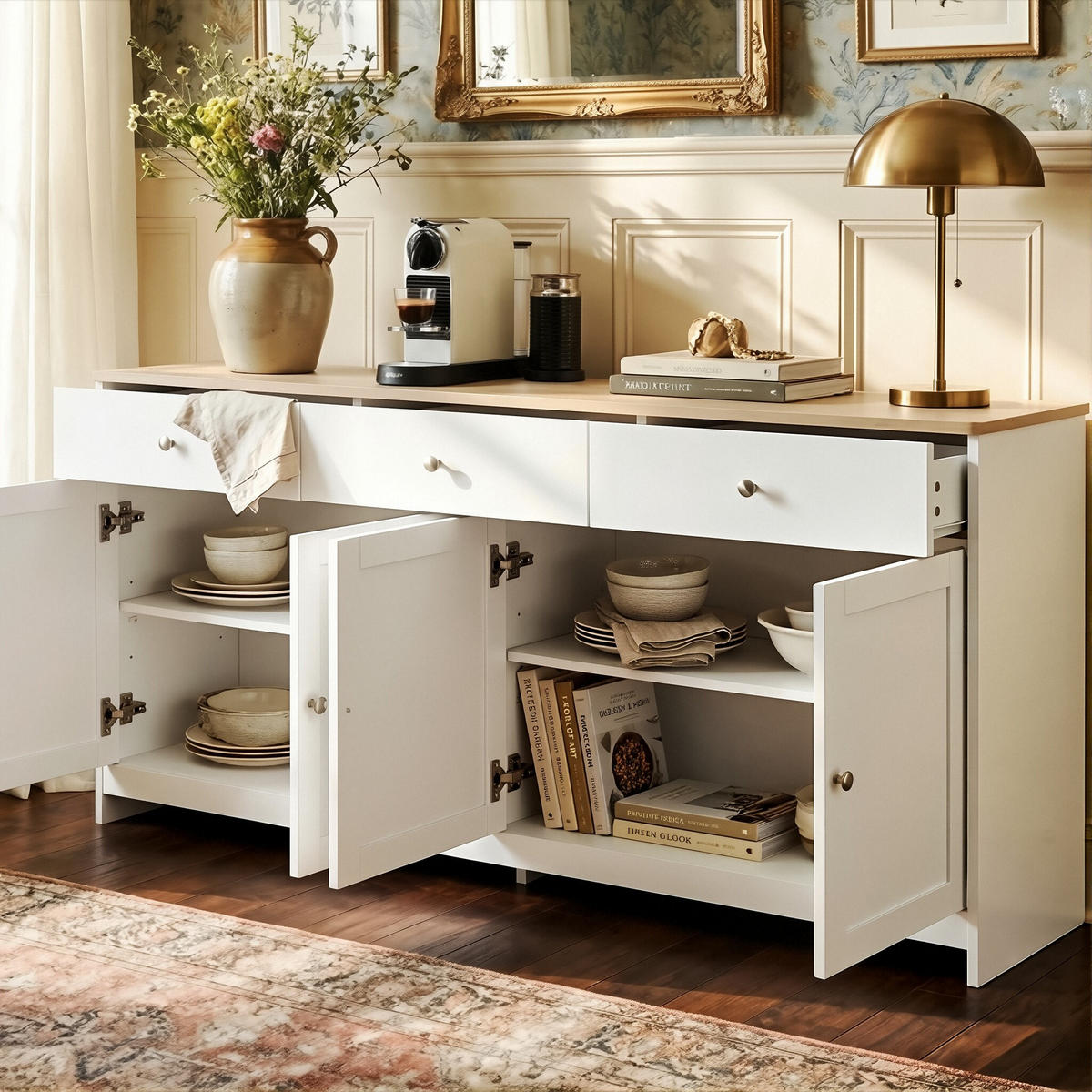 SIDEBOARD Landhausstil mit 4 Türen & 3 Schubladen 160/37/75 cm Weiß/Eiche - Weiß, Holzwerkstoff (160/75/37cm) - Creahappy