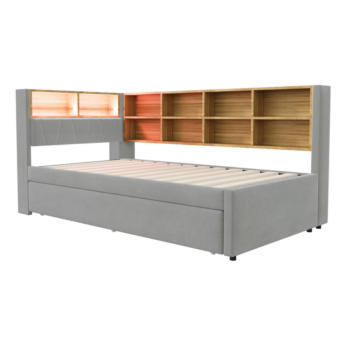 BETT 90/200 cm mit Ausziehbett, LED und Stauraum in Hellgrau - Hellgrau, Textil (90/200cm) - BEAOK