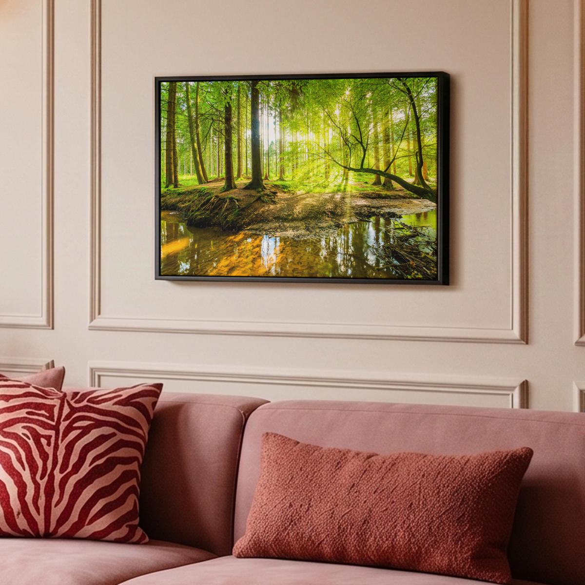 LEINWAND Bilder mit Rahmen - Wald - Landschaft - Wasser - Bäume - Sonne - Grün - Natur - 60x40 - Grün, Textil (60/40cm) - MuchoWow