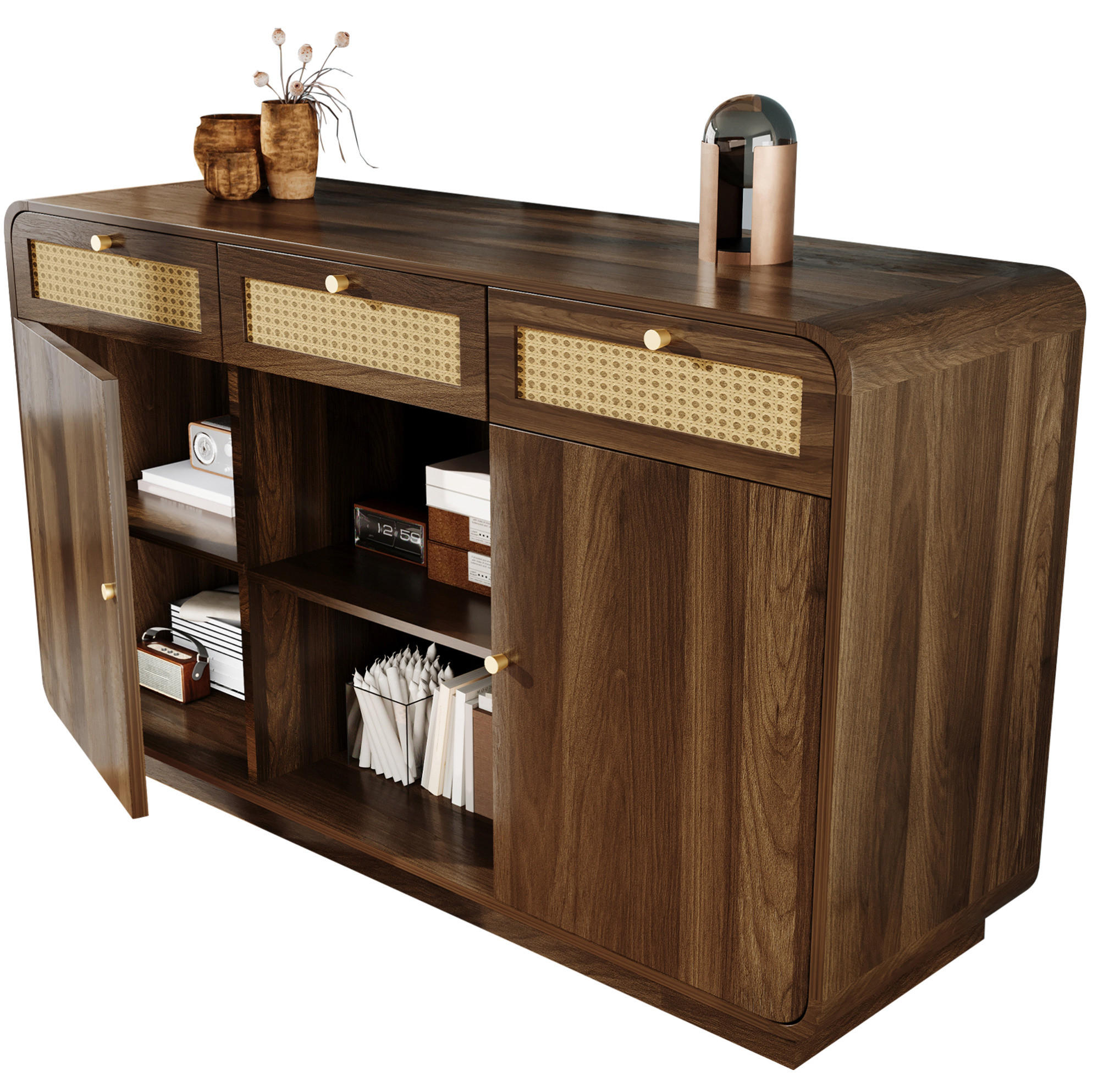 OKWISH KOMODA 120/40/85 cm ořechová z MDF a dřevotřísky s ratanovými čely a zlatými úchytkami