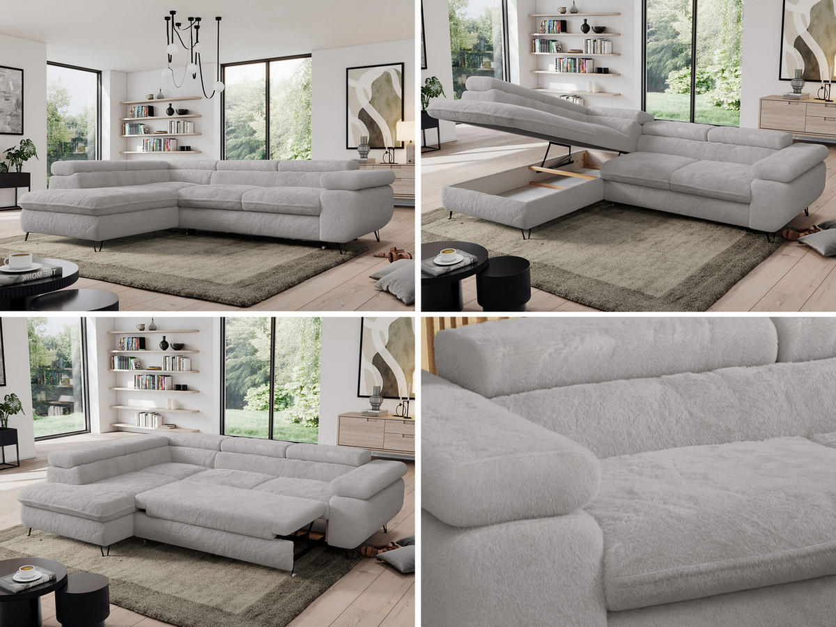 ECKSOFA PEDRO L Hellgrau Plüsch - Links Seite - Hellgrau/Schwarz, Textil/Metall (208/273cm) - MKS