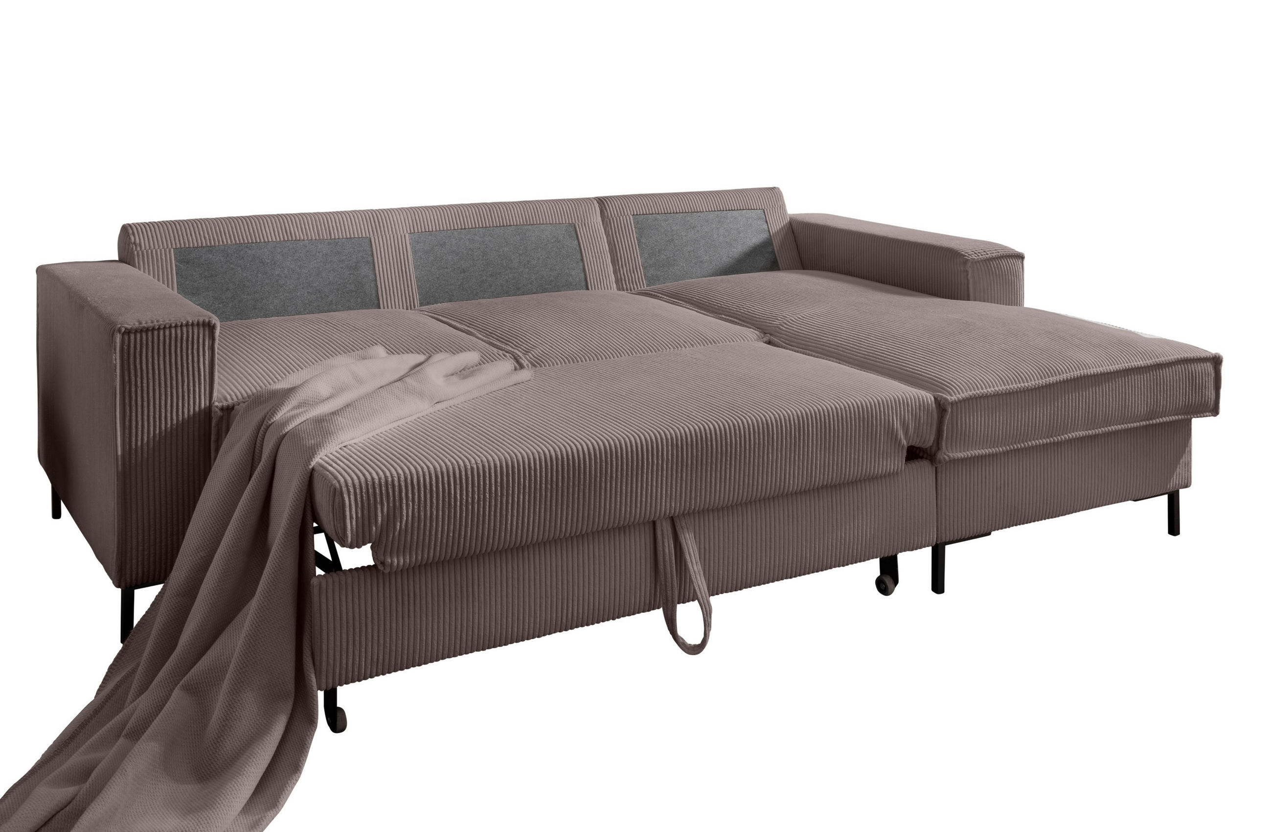 ECKSOFA mit Schlaffunktion, Bettkasten, Wellenunterfederung, Récamiere rechts B240/T150/H92 cm, Liegefl. 125x198 cm, Cord Braun Taupe / 17222 - Taupe/Schwarz, Textil/Metall (240/150cm) - luma-home