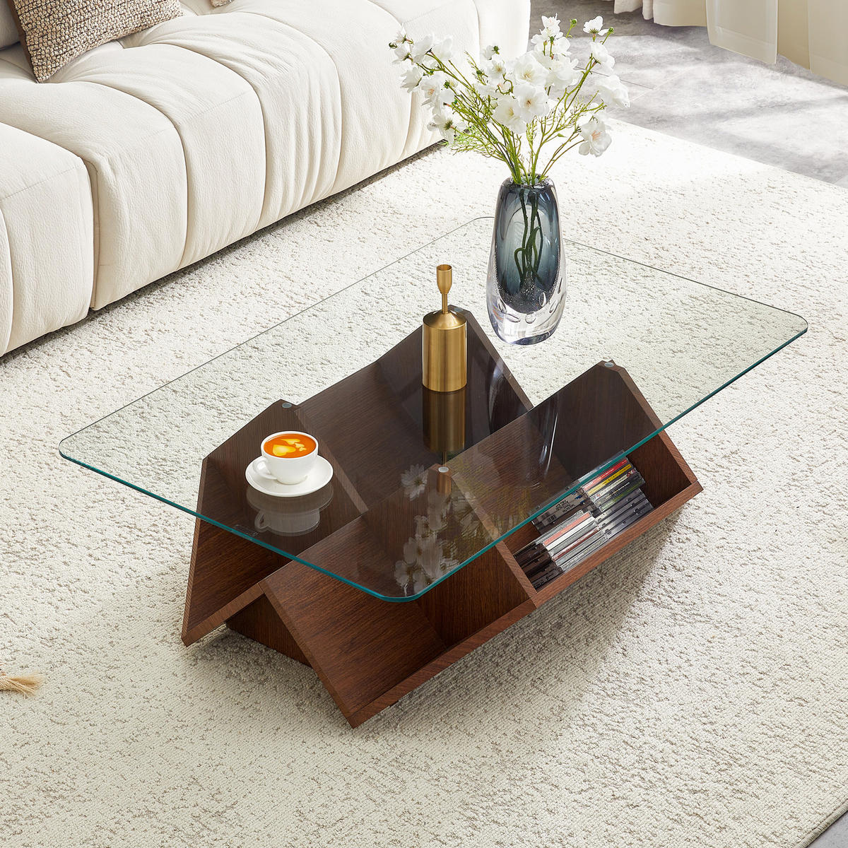 COUCHTISCH Walnussoptik MDF/Sicherheitsglas mit mehreren Ablagefächern - Transparent/Walnussfarben, Glas/Holzwerkstoff (103/63/33.5cm)