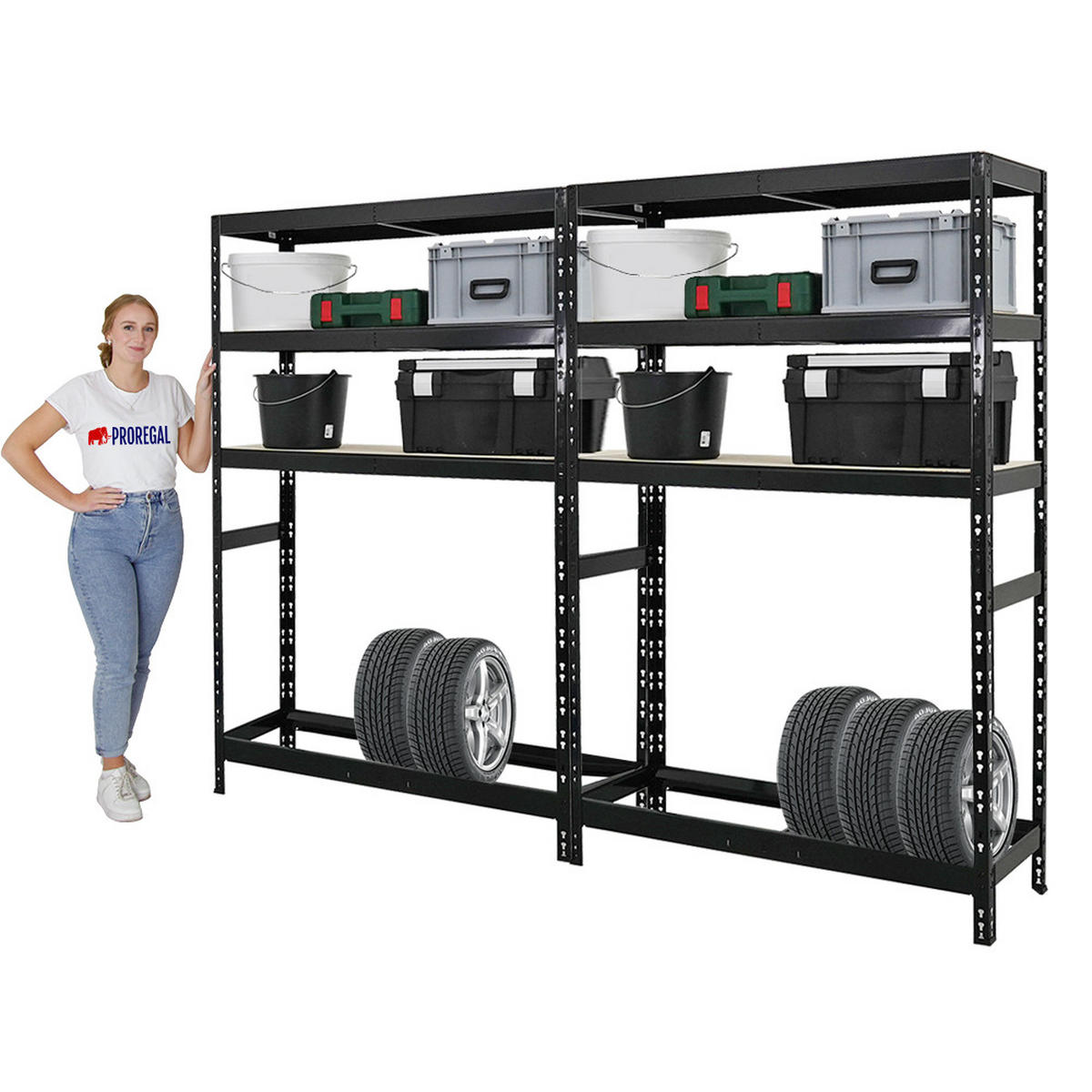 REIFENREGAL Tiger 2er-Set mit 2x 180x120x40 cm bis zu 12 Reifen mit 3 Fachboden Schwarz - Schwarz, Metall (240/180/40cm) - PROREGAL
