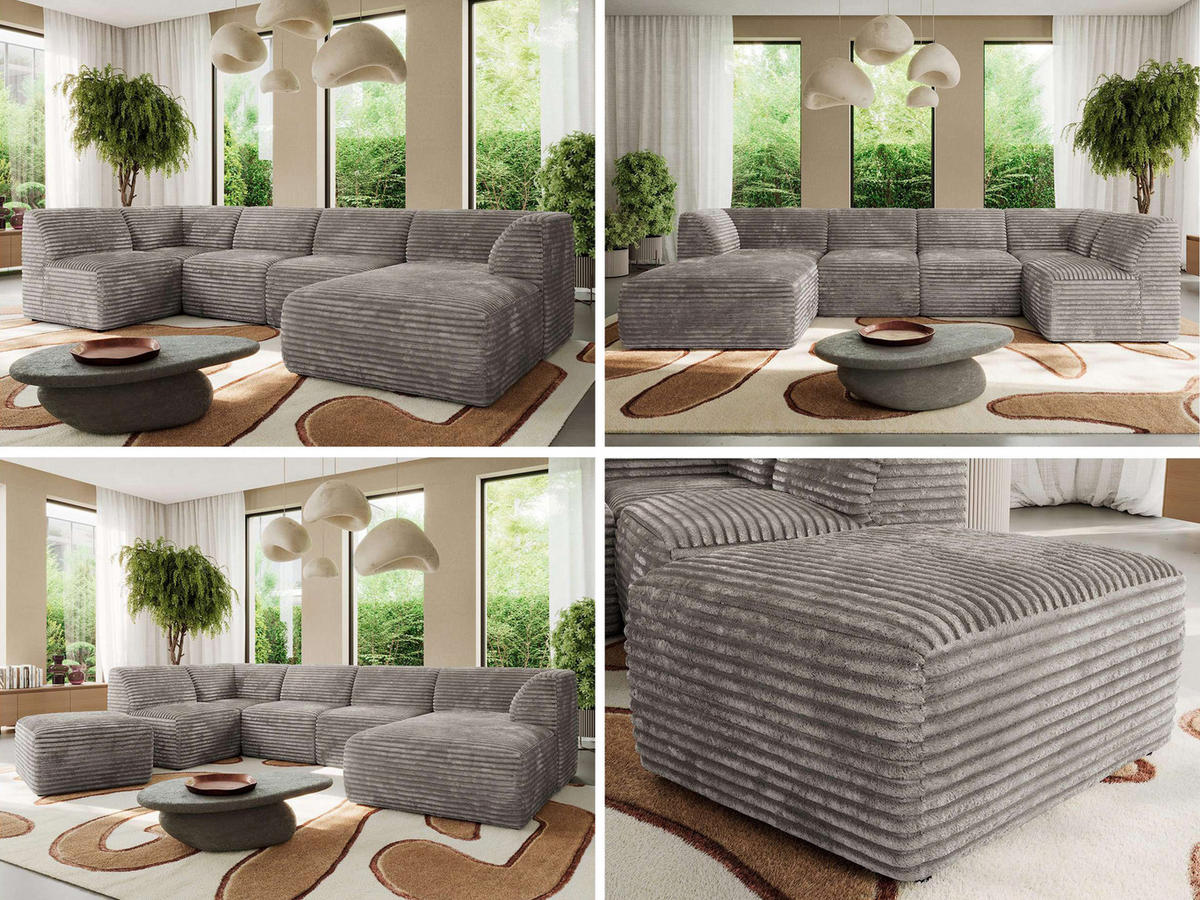 WOHNLANDSCHAFT MODARO U 6M - Hellbraun Cord - Rechts - Hellbraun/Schwarz, Textil (345/78/180cm) - MKS