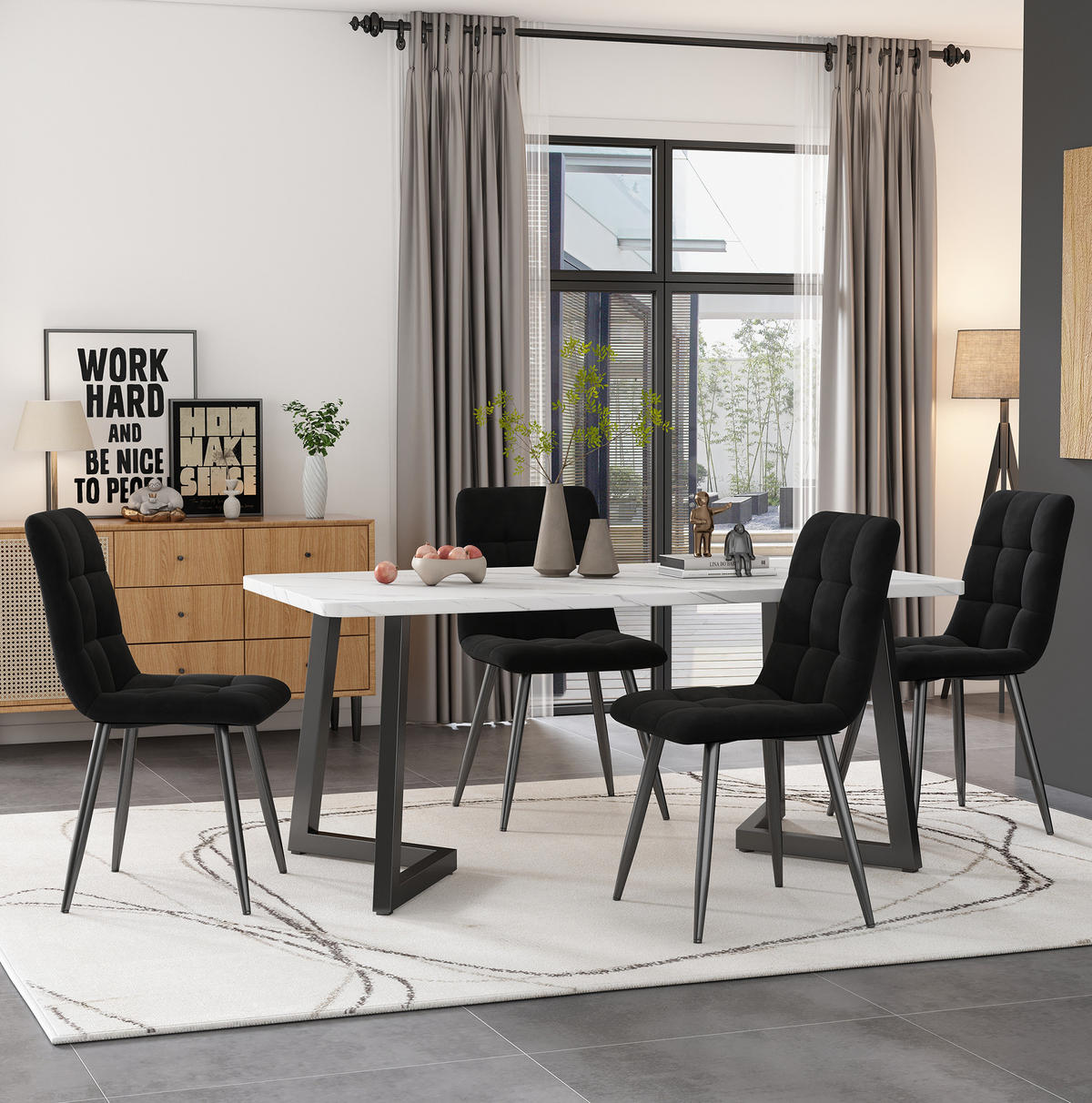 ESSTISCH 117/68/75 cm weiß schwarz in Marmoroptik mit Eisenbeinen aus MDF - Weiß, Holzwerkstoff (117/68/75cm) - OKWISH