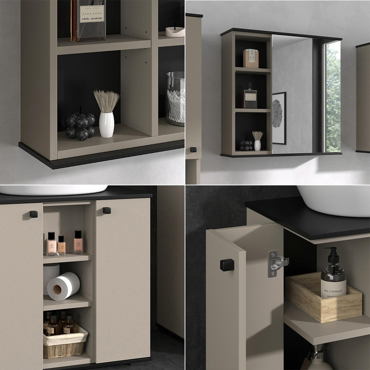 BADMÖBEL-SET Joli Greige 2 Teile - Greige/Schwarz, Holzwerkstoff (60/59/37cm) - Vicco