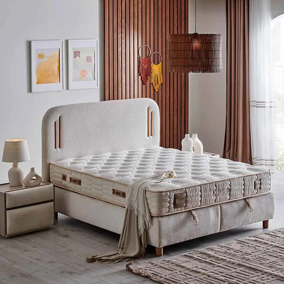 BOXBETT Bohamela Bambi Bett boxspringbett 90x200 mit matratze - Beige, Holz (90/200cm)