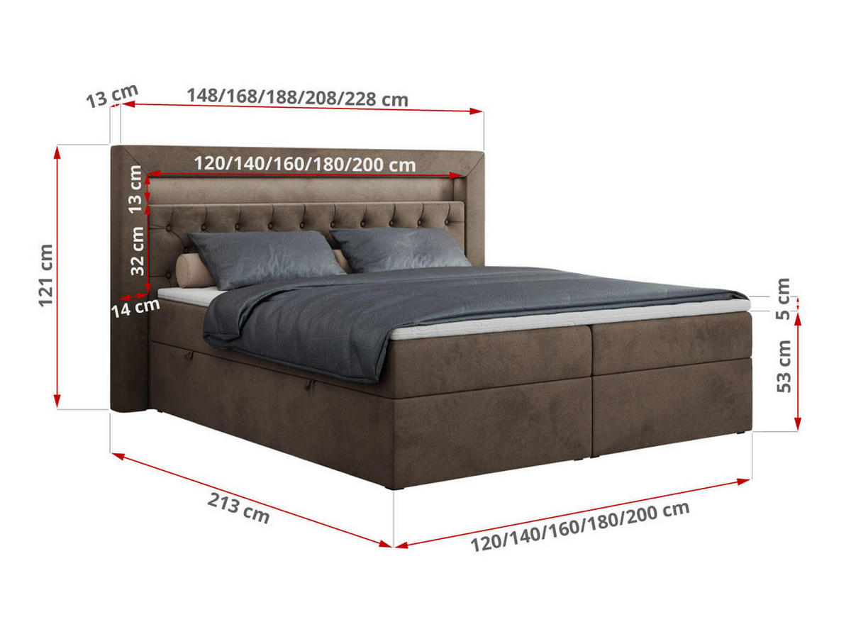 BOXBETT GOLD-6 LED 120/200 Braun Velvet - H3 - Braun, Holz/Textil (120/200cm) - MKS
