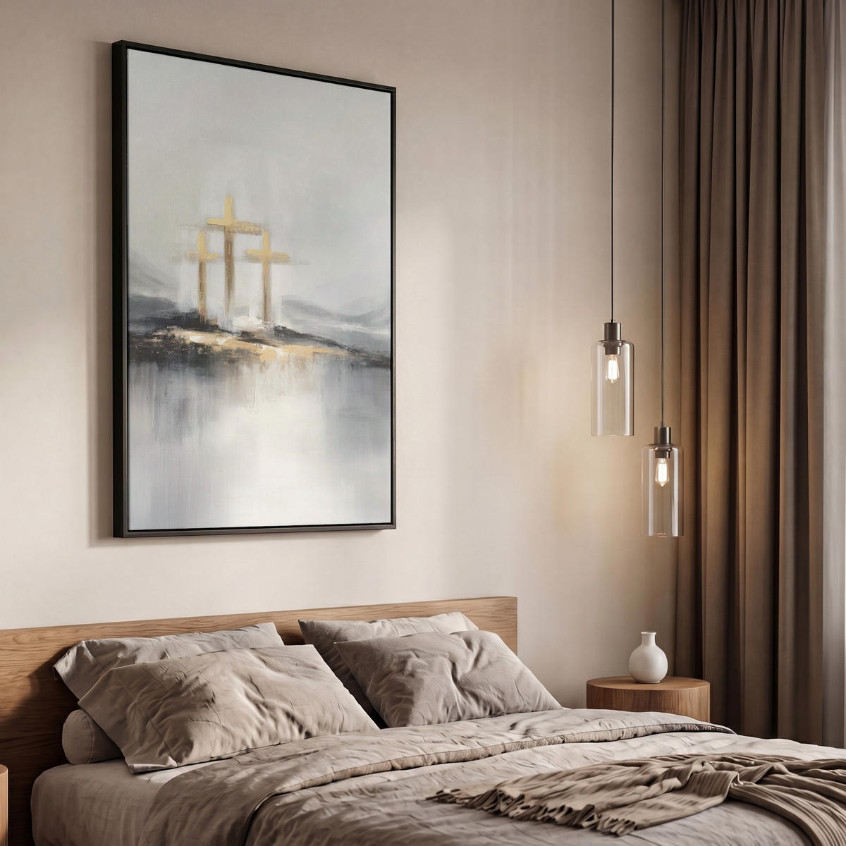 LEINWAND Bilder mit Rahmen - Abstrakt - Malerei - Christentum - Kreuz - 60x90 - Weiß, Textil (60/90cm) - MuchoWow
