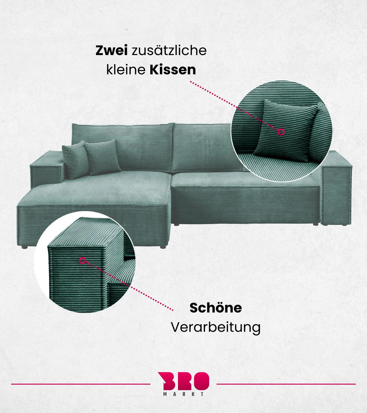ECKSOFA Pablo mit Schlaffunktion Grün Cord - Grün, Textil (294/185cm) - Bromarkt