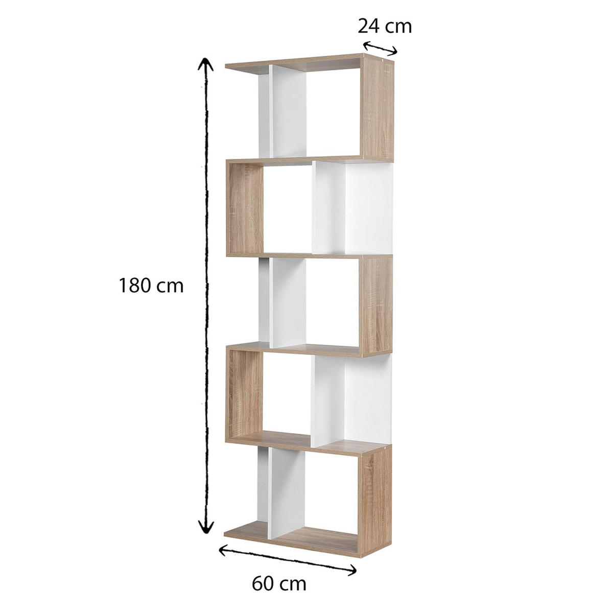 BÜCHERREGAL mit mehreren Fächern H180 cm - Dekor Holz und Weiß - Apfelbaumfarben, Holzwerkstoff (24/180/60cm) - Calicosy