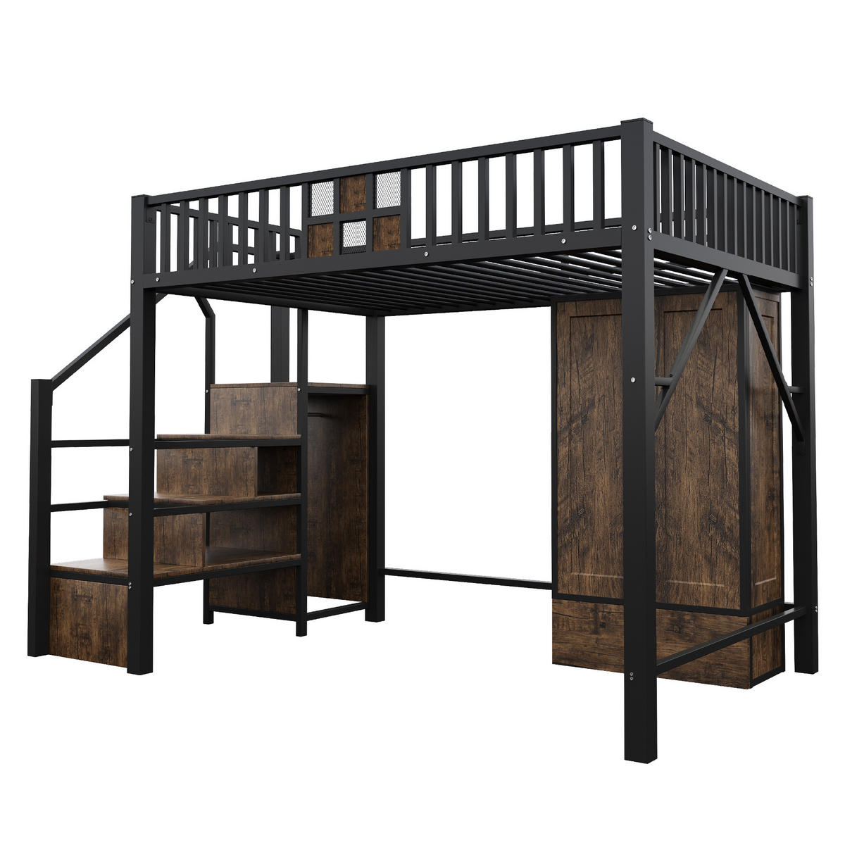 HOCHBETT 140/200 cm Schwarz mit großem Kleiderschrank und Schubladen - Schwarz, Metall (140/200cm) - OKWISH