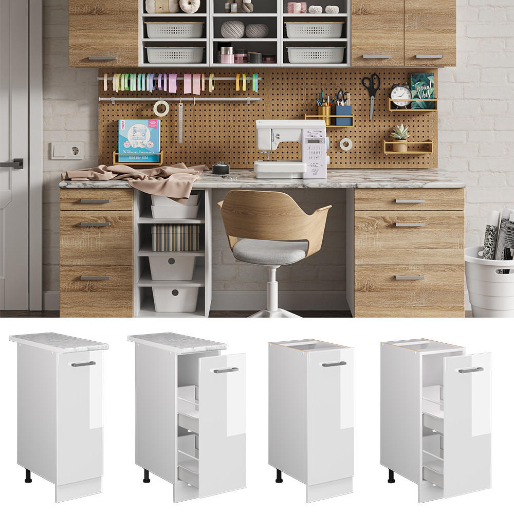 UNTERSCHRANK R-Line Weiß Hochglanz 30 cm mit Tür, mit Arbeitsplatte - Weiß Hochglanz/Weiß, Holzwerkstoff (30/81.6/60cm) - Vicco