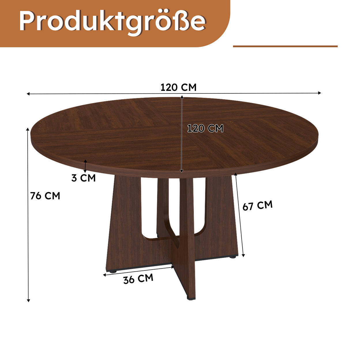 ESSTISCH Nussbaumfarben aus MDF rund Ø120cm mit justierbaren rutschfesten Tischfüßen - Nussbaumfarben, Holzwerkstoff (120/120/76cm) - Luhomfu