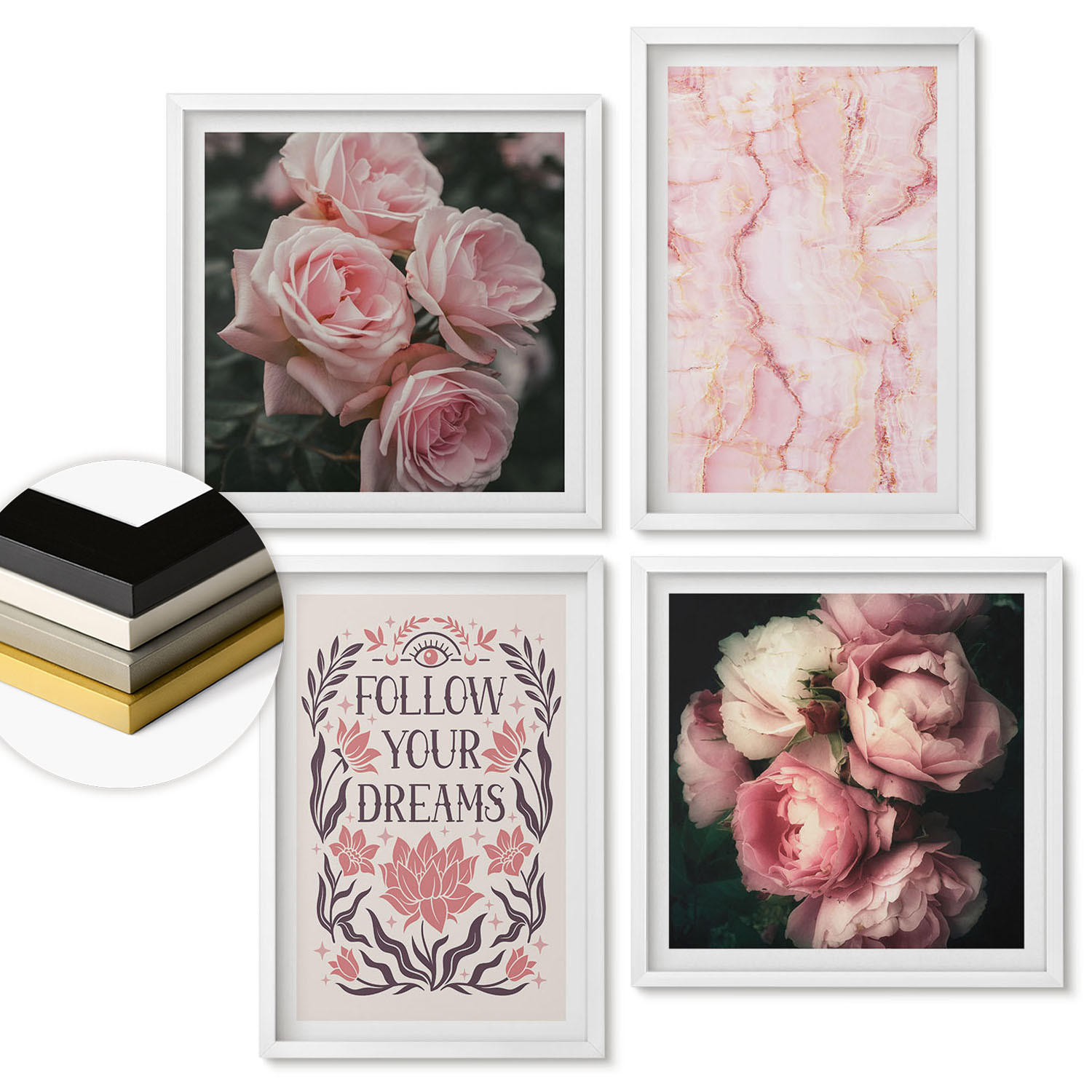 WANDBILDER 4er-Set - 50x50 cm & 40x60 cm Weißer Rahmen - Vintage-Rosen-Marmorträume - Weiß, Kunststoff (50/50cm) - ArtPrintCave