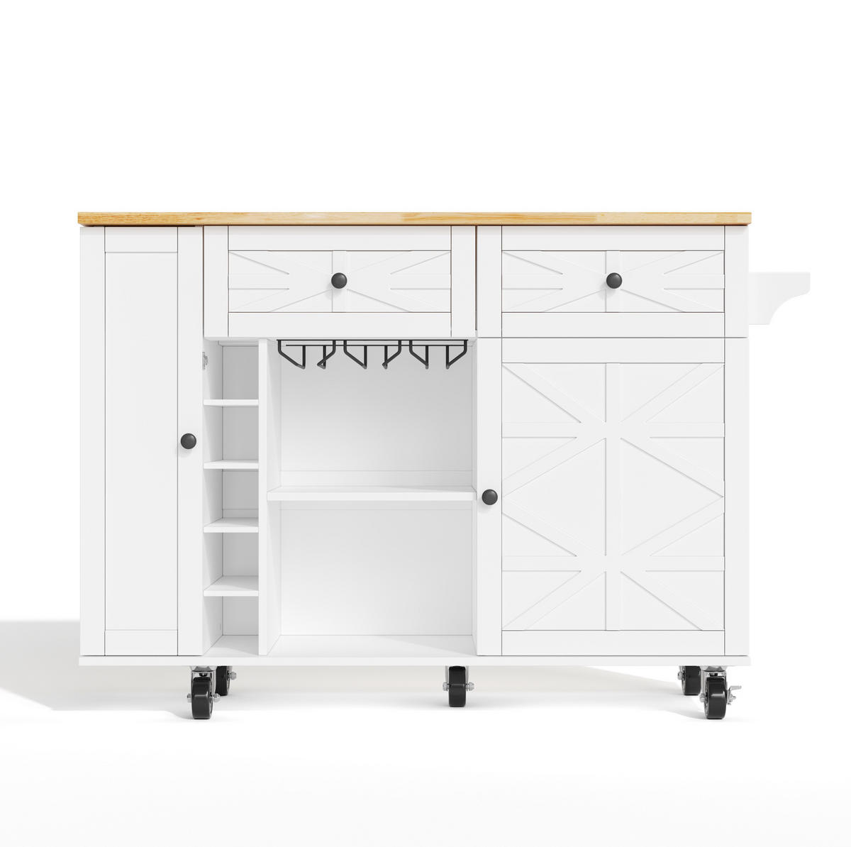 KÜCHENINSEL 120/45(70)/89 cm mit klappbarer Arbeitsplatte, Weinregal und Rollen aus MDF, Weiß/Natur - Weiß, Holzwerkstoff (120/89/70cm) - Redom