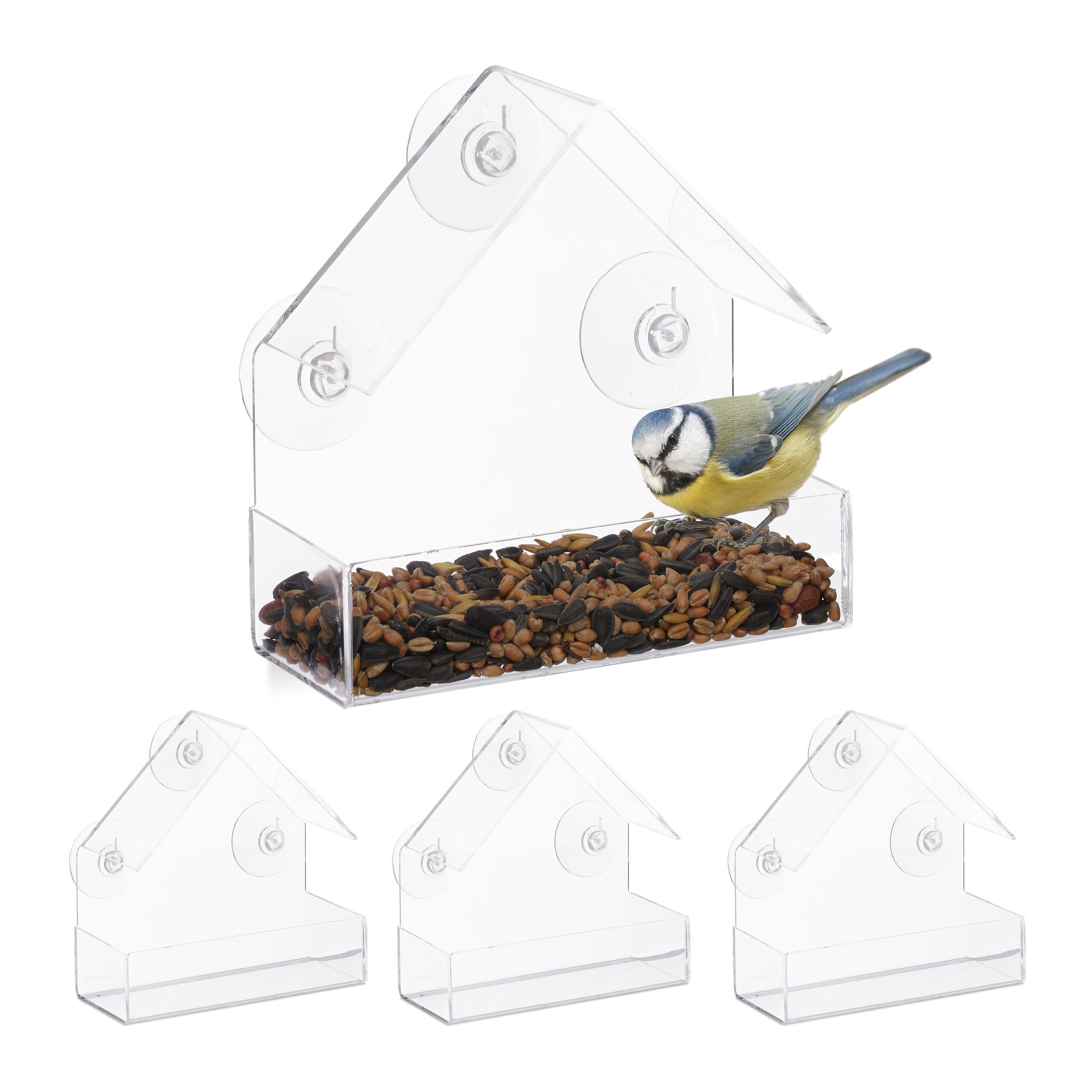 4XFENSTER-VOGELFUTTERHAUS - Transparent, Kunststoff (15/15/7cm) - Relaxdays