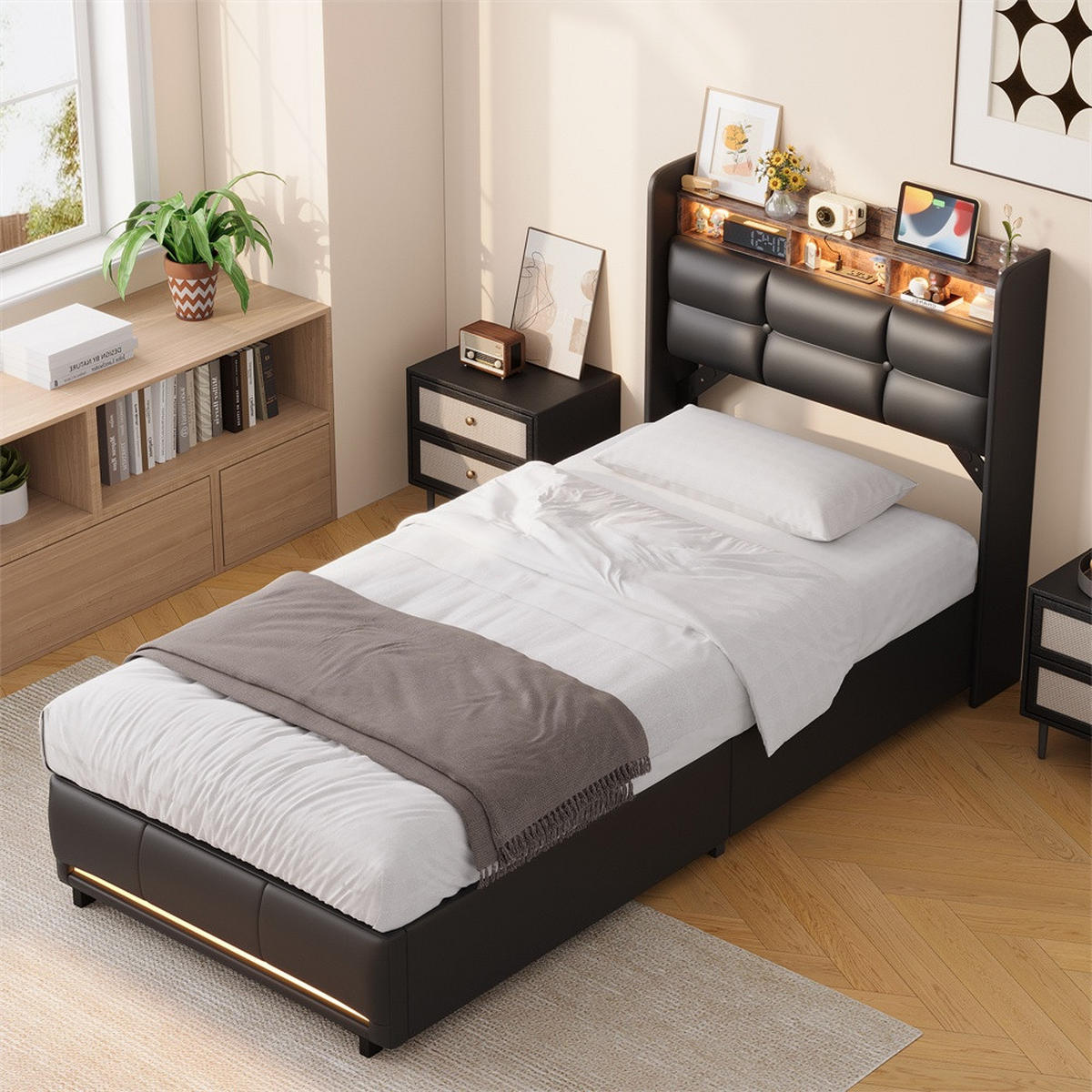 POLSTERBETT 90x200 cm mit hydraulischem Stauraum - mit Stauraum Kopfteil und LED-Beleuchtung - Schwarz - Schwarz, Textil (90/200cm) - DELFA