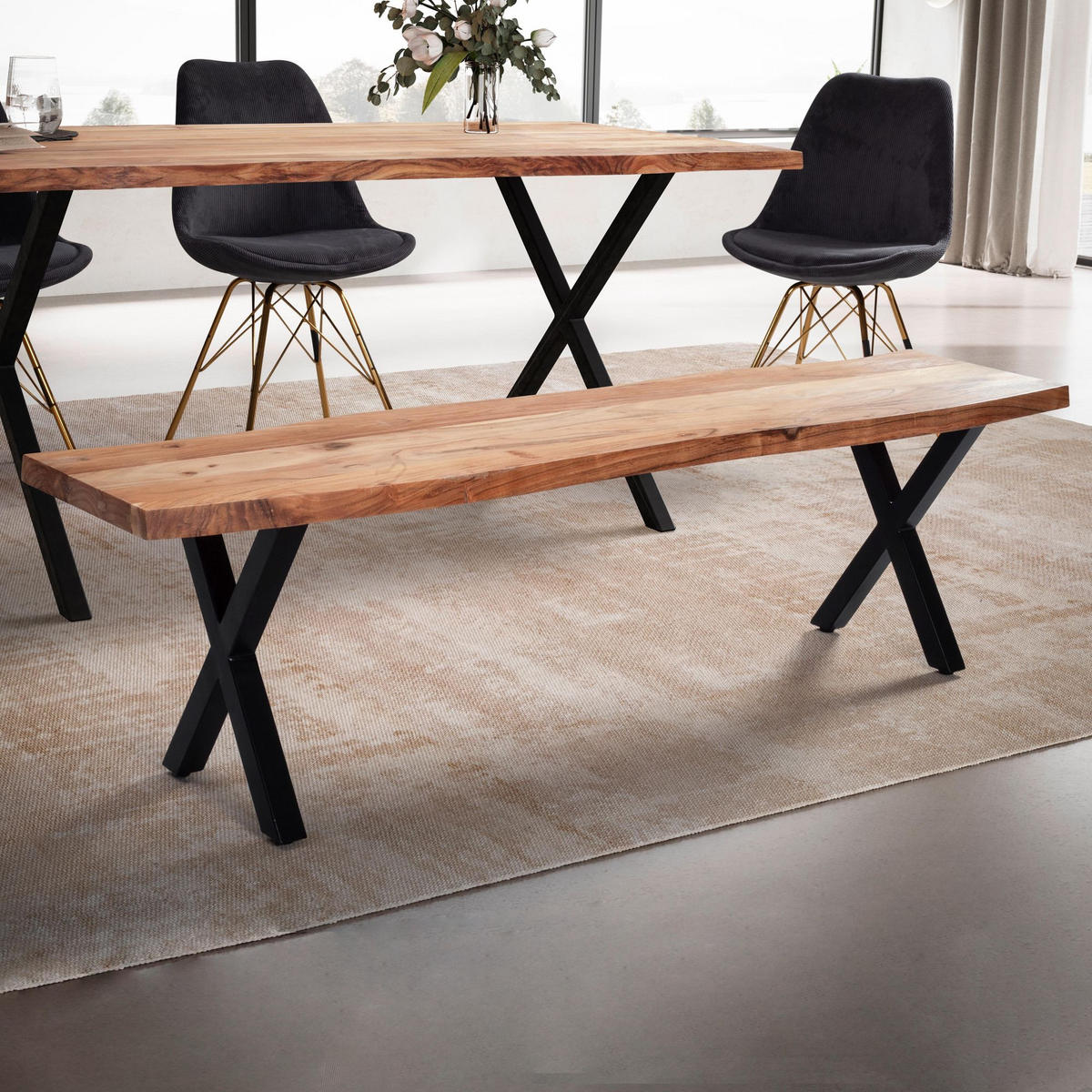 ESSZIMMERBANK Massivholz Metall Baumkante X-Beine, Akazie 120x40x46 cm - Schwarz/Braun, Holz/Metall (120/46/40cm) - KADIMA DESIGN