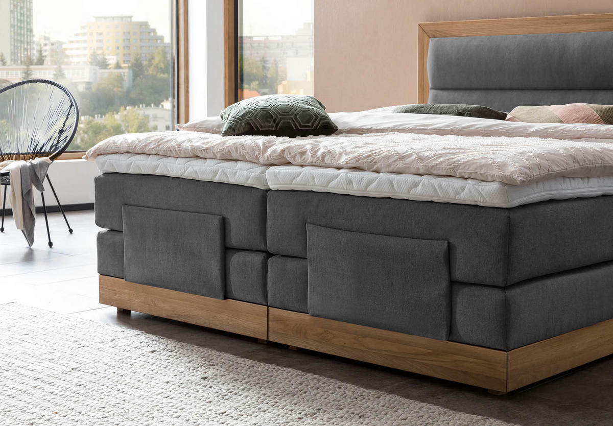 BOXSPRINGBETT ELEKTRISCH VERSTELLBAR MODELA 160x200 Anthrazit H2 und H3 Motorbett in Eiche mit 7-Zonen Taschenfederkern Matratze inkl. Visco Topper - Anthrazit, Textil (160/200cm) - Belanoti