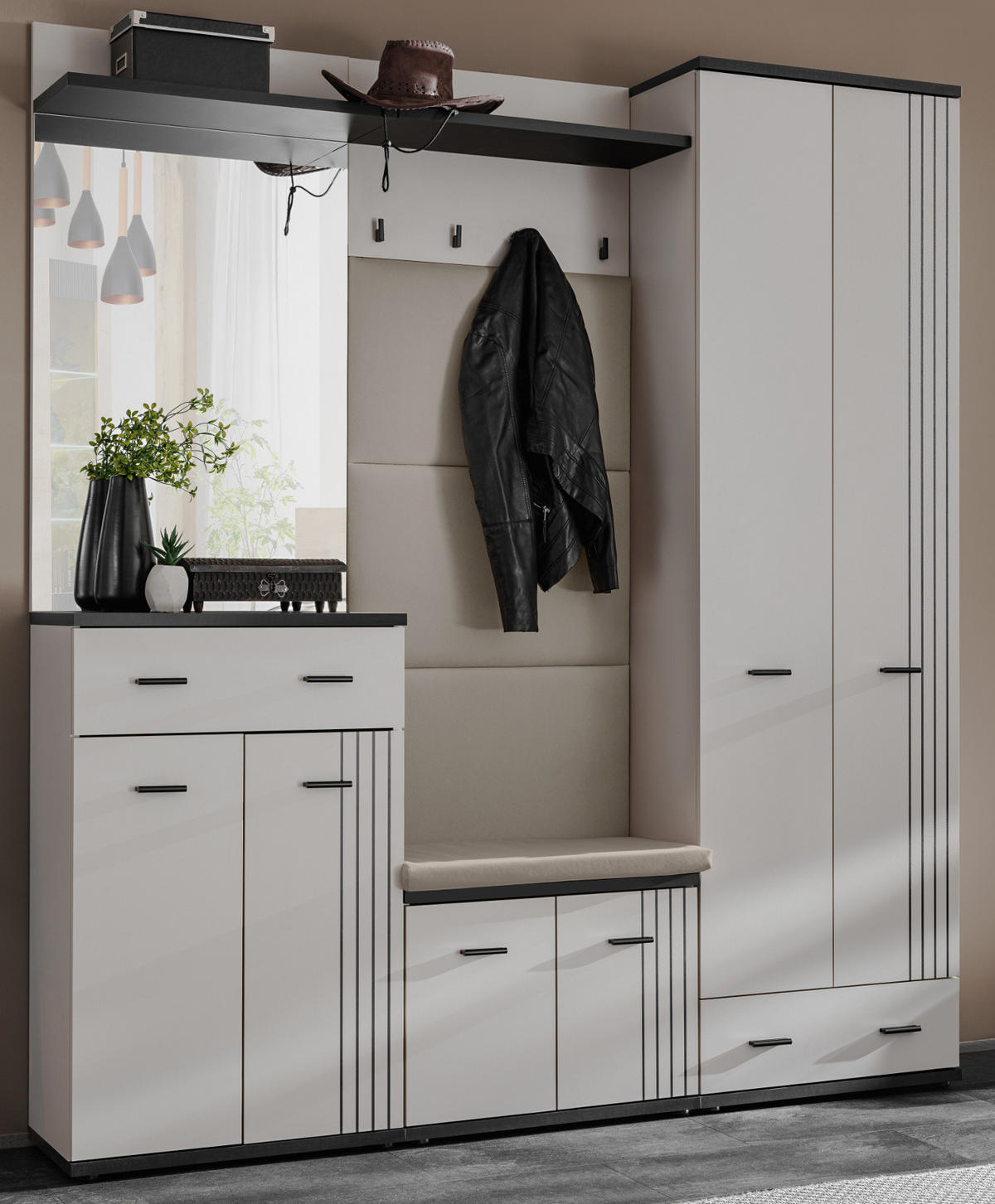 GARDEROBEN-SET Kaschmir, schwarz 5-teilig 180 cm, Flurgarderobe mit viel Stauraum - Kaschmir/Schwarz, Glas/Holzwerkstoff (180/203/32cm) - Inn.Furn