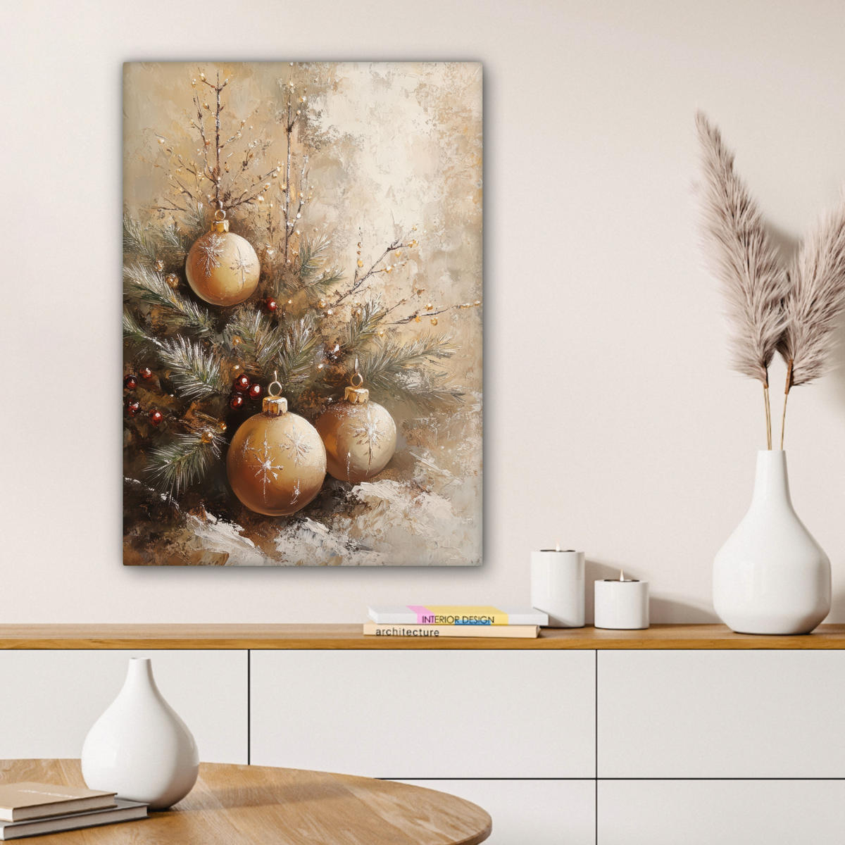 LEINWANDBILD Weihnachten - Kugeln - Beige - Gold Wandbild Wohnzimmer 60x80 cm - Goldfarben, Textil (60/80cm) - MuchoWow