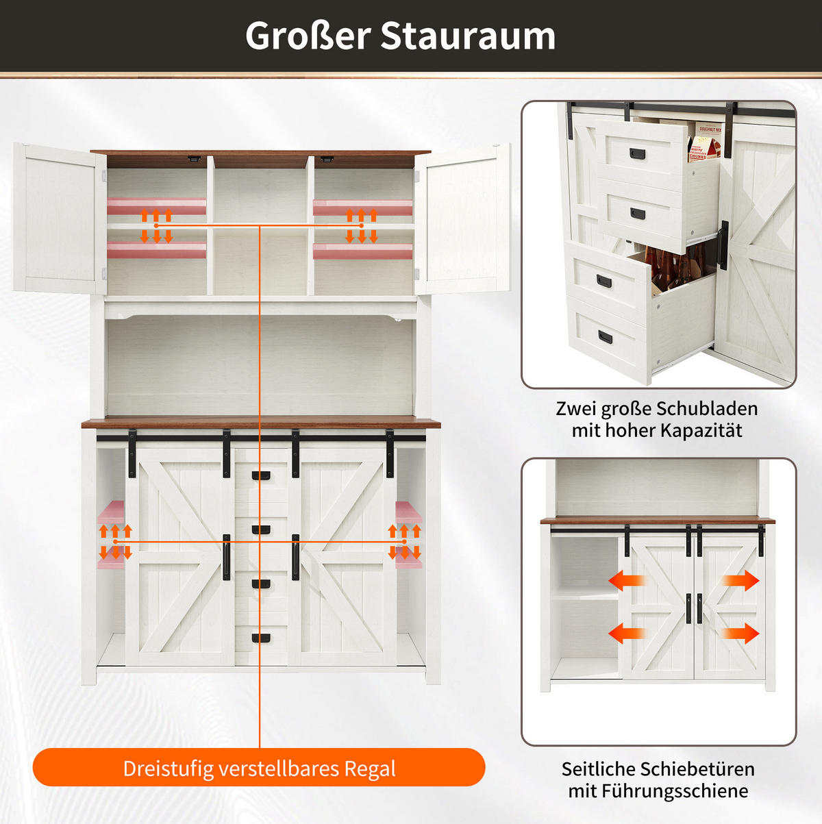BUFFET 115/40/174,7 cm mit Schubladen, Schiebetüren & LED-Beleuchtung - Weiß, Holzwerkstoff (115/174.7/40cm) - BEAOK