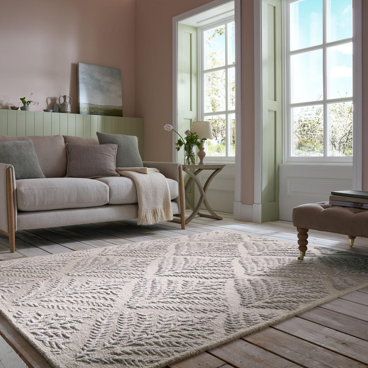TEPPICH Wolle-Viskose Hoch-Tief Struktur Seidiger Glanz Blätter, Wohnzimmer Hellgrau Rechteckig 200x290 - Grau, Textil (200/290cm) - KADIMA DESIGN