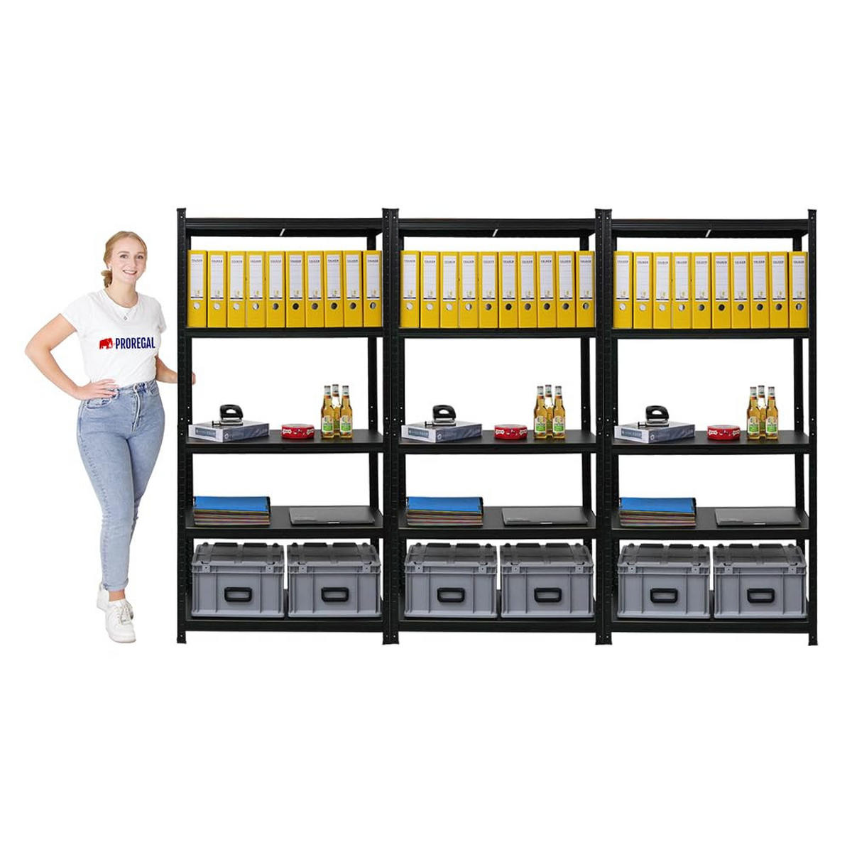 WOHNREGAL Ragnar 3er-Set mit 3x 180x90x40 cm Fachlast 100 kg Matt Schwarz - Schwarz, Metall (270/180/40cm) - PROREGAL