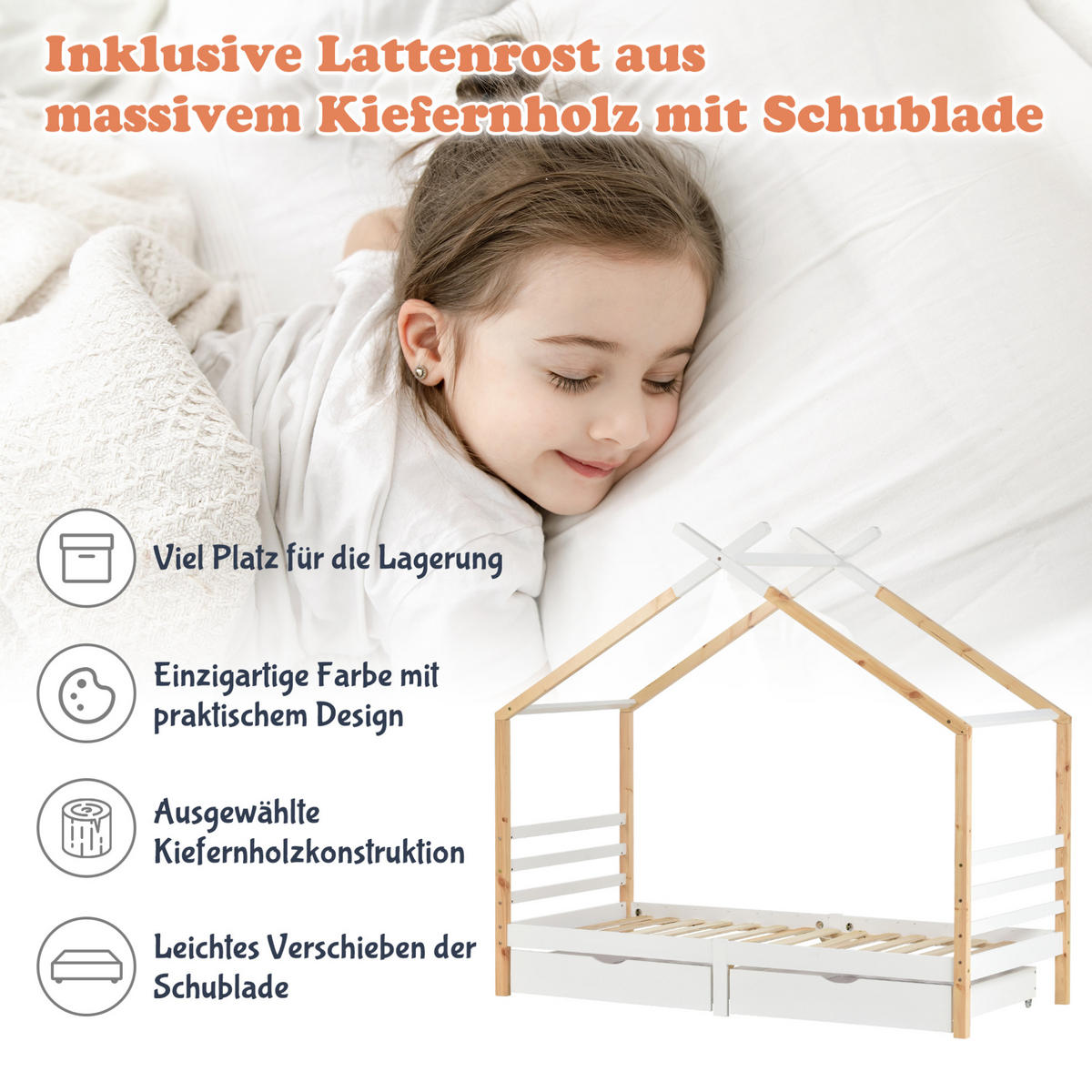 KINDERBETT Hausbett 90/200 cm mit Schubladen, Lattenrost, Weiß - Weiß, Holzwerkstoff (90/200cm) - Redom