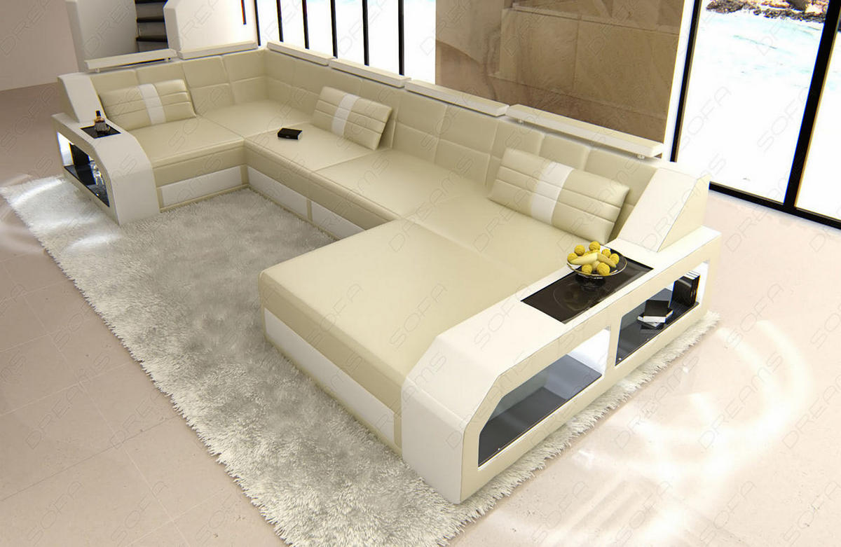 WOHNLANDSCHAFT Arezzo U - Beige/Weiß, Leder (380/86/197cm) - Sofa Dreams