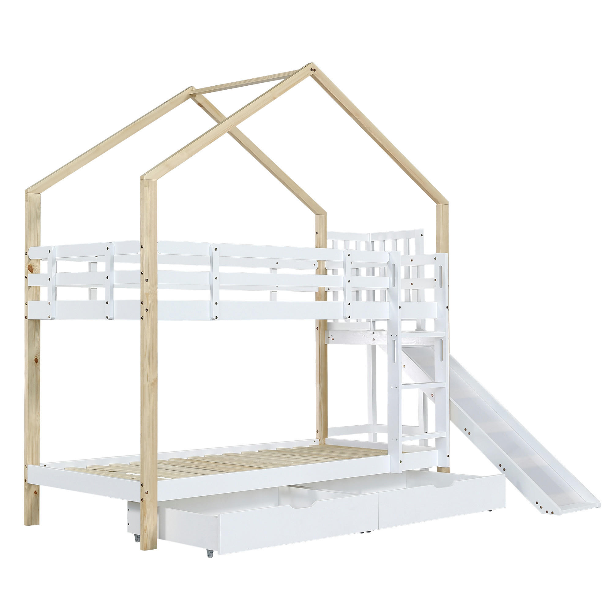 ETAGENBETT 90/200 cm Weiß+Natur mit Rutsche und 2 Schubladen - Weiß, Holz (90/200cm) - Oxeza