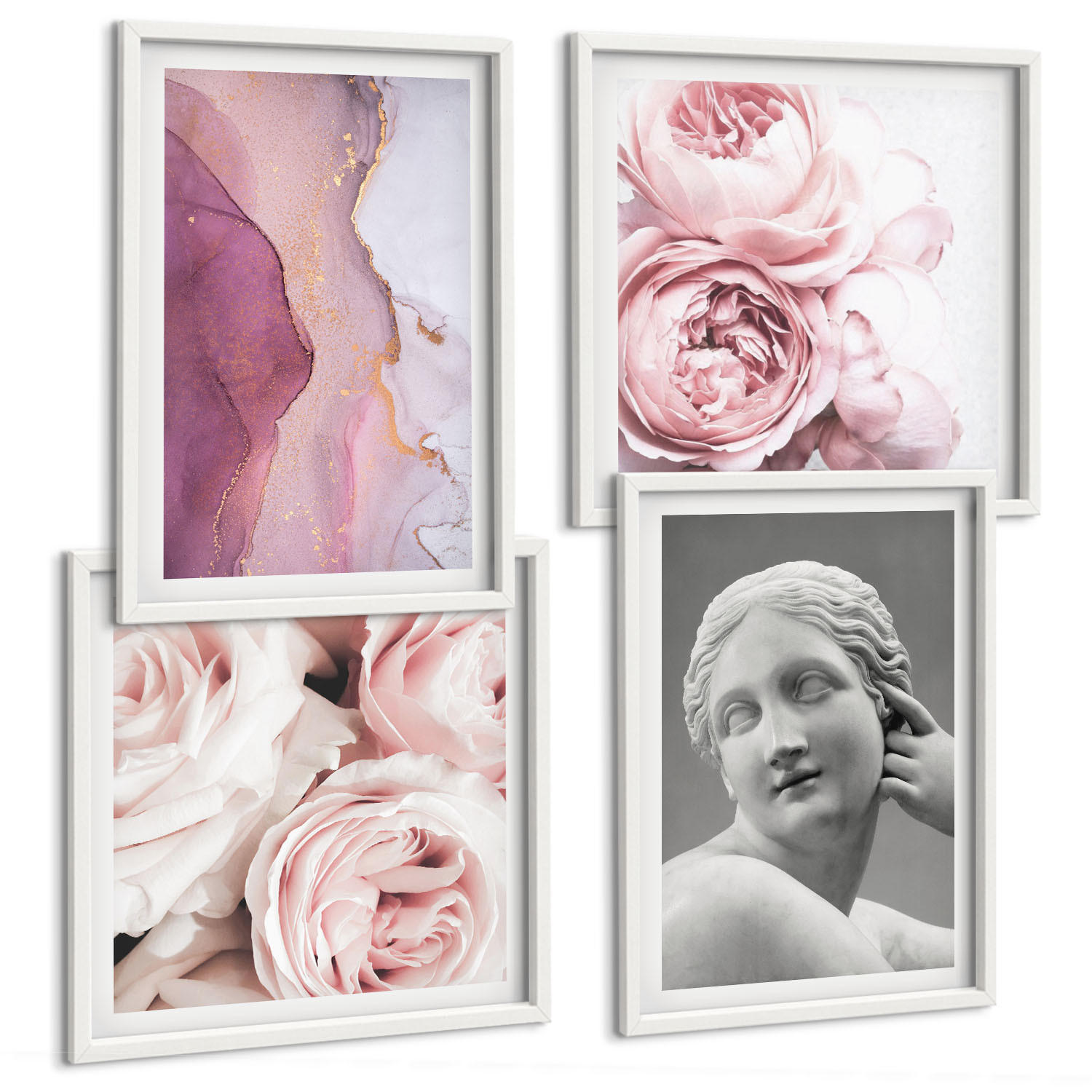 BILDER SET 4er Set - 50x50 cm & 40x60 cm Weißer Rahmen - Pfingstrosenskulptur einer Frau - Weiß, Kunststoff (50/50cm) - TULUP