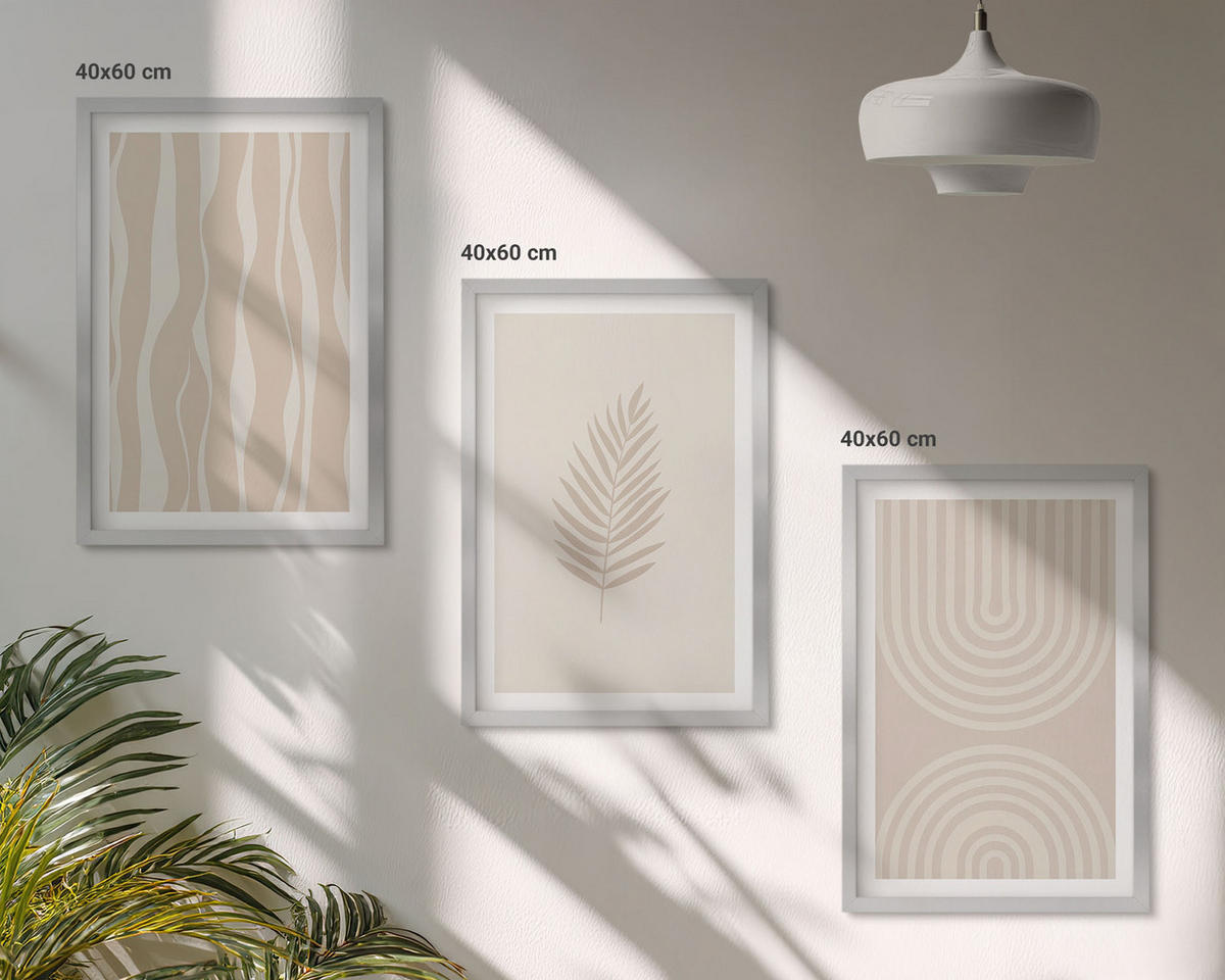 BILDER SET 3er Set - 40x60 cm Silberner Rahmen - Beige Pflanzenmuster - Silberfarben, Kunststoff (40/60cm) - TULUP