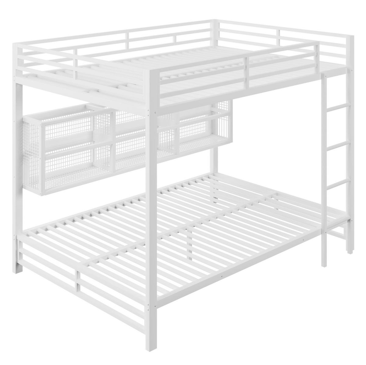 ETAGENBETT 140/200 cm weiß aus Metall mit 6 Stauraumschränken und LED - Weiß, Metall (140/200cm) - OKWISH