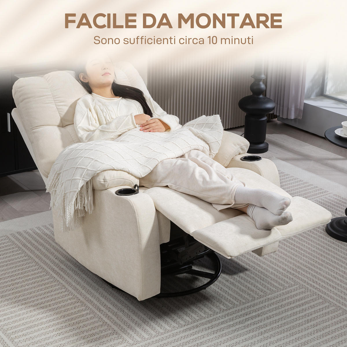 RELAXSESSEL,135° verstellbar Getränkehalter Fußstütze Leinenoptik,beige - Beige, Textil (88/108/96cm) - Vallsero