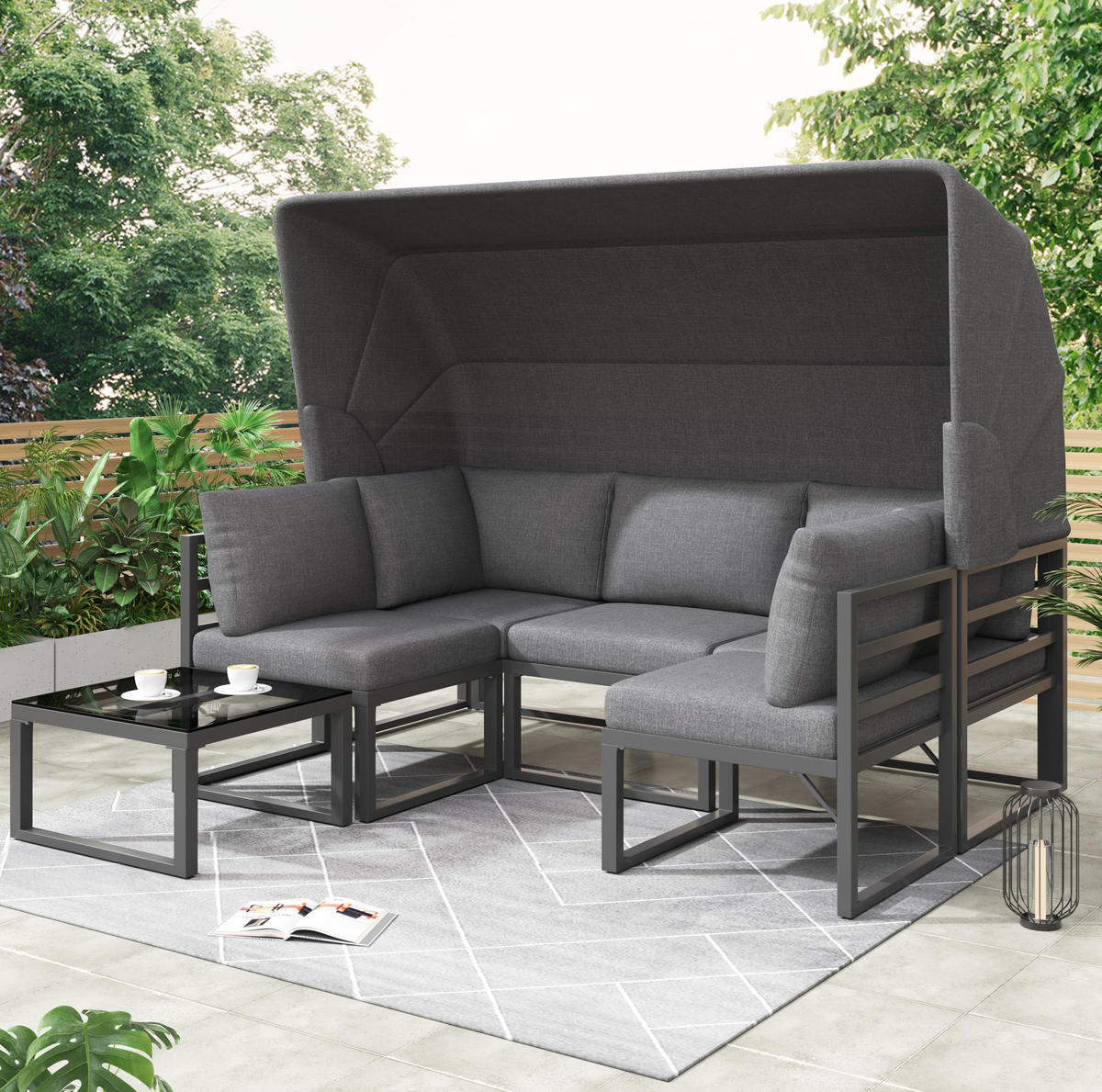 GARTENMÖBEL-SET 176/65/145 cm mit Sonnendach, 4-teilig, verzinktes Eisen und Glastisch, Grau - Grau, Metall - Redom
