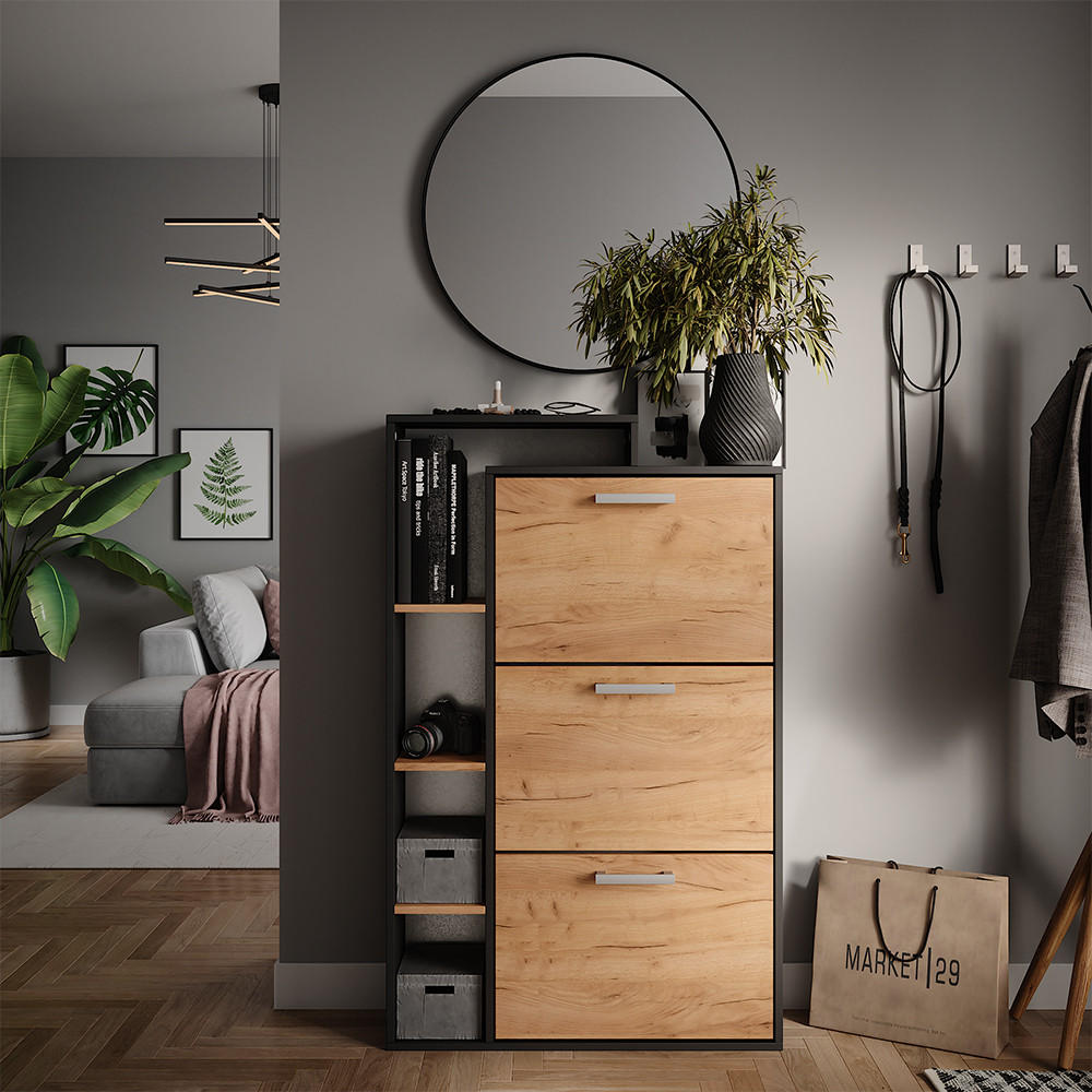 SCHUHKOMMODE Orlando Goldkraft Eiche 80 x 128.3 cm mit 3 Fächern - Honigeiche/Anthrazit, Holzwerkstoff (80/128.3/24.2cm) - Vicco