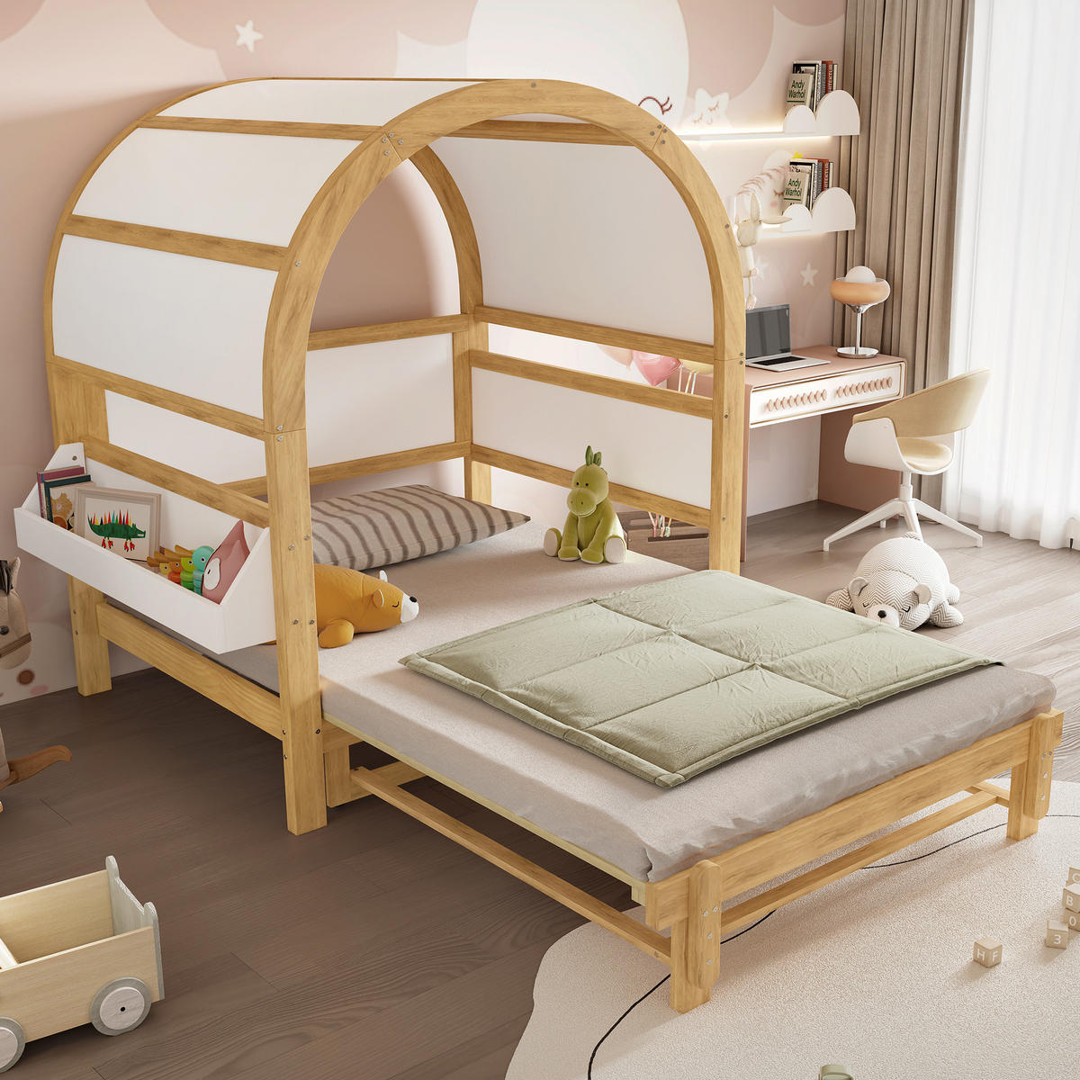 HAUSBETT 140/200 cm Ausziehbar mit Schiebebett Weiß+Natur aus Kiefer - Weiß, Holzwerkstoff (140/200cm) - OKWISH