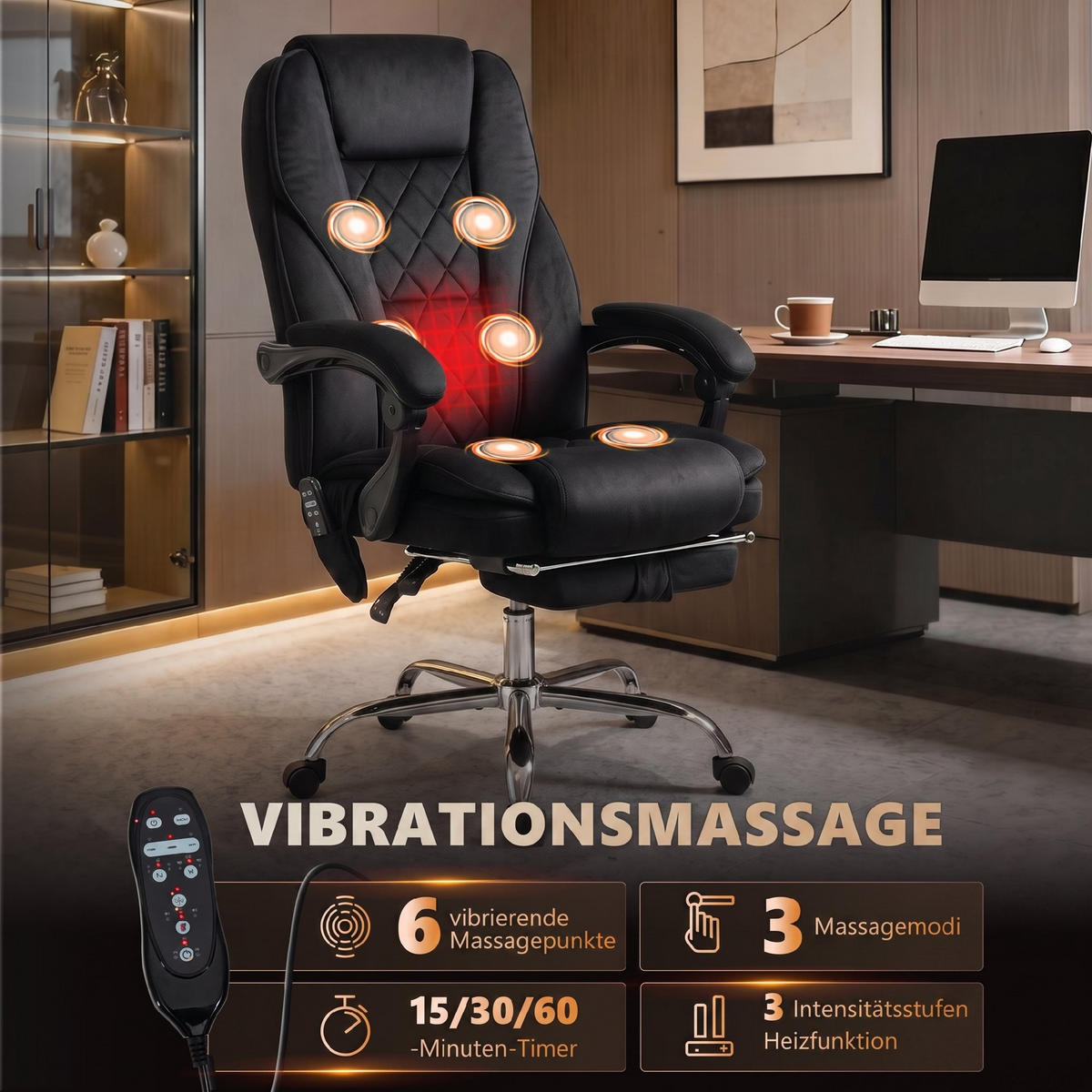 KONTORSSTOL med massagefunktion, svart - Brun/Svart, Textil/Metall (67/119/72cm) - Vinsetto