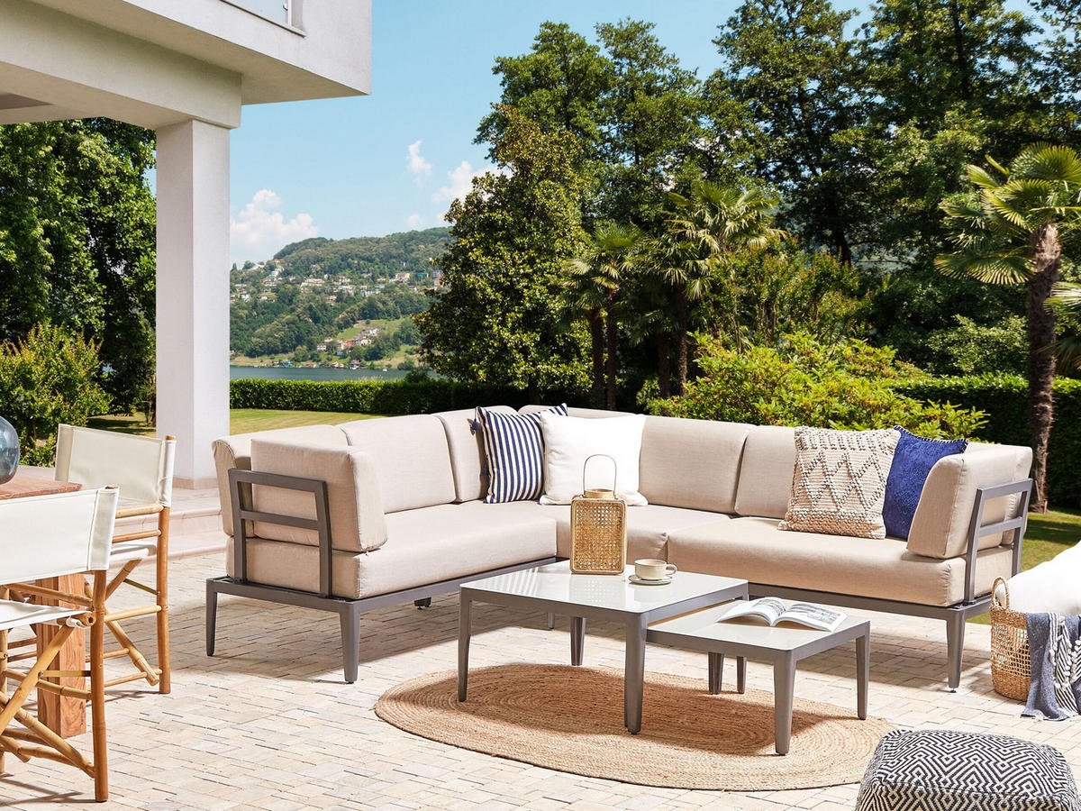 LOUNGE SET 6-Sitzer grau rechtsseitig modular Auflagen beige Rima III - Grau, Metall - Beliani