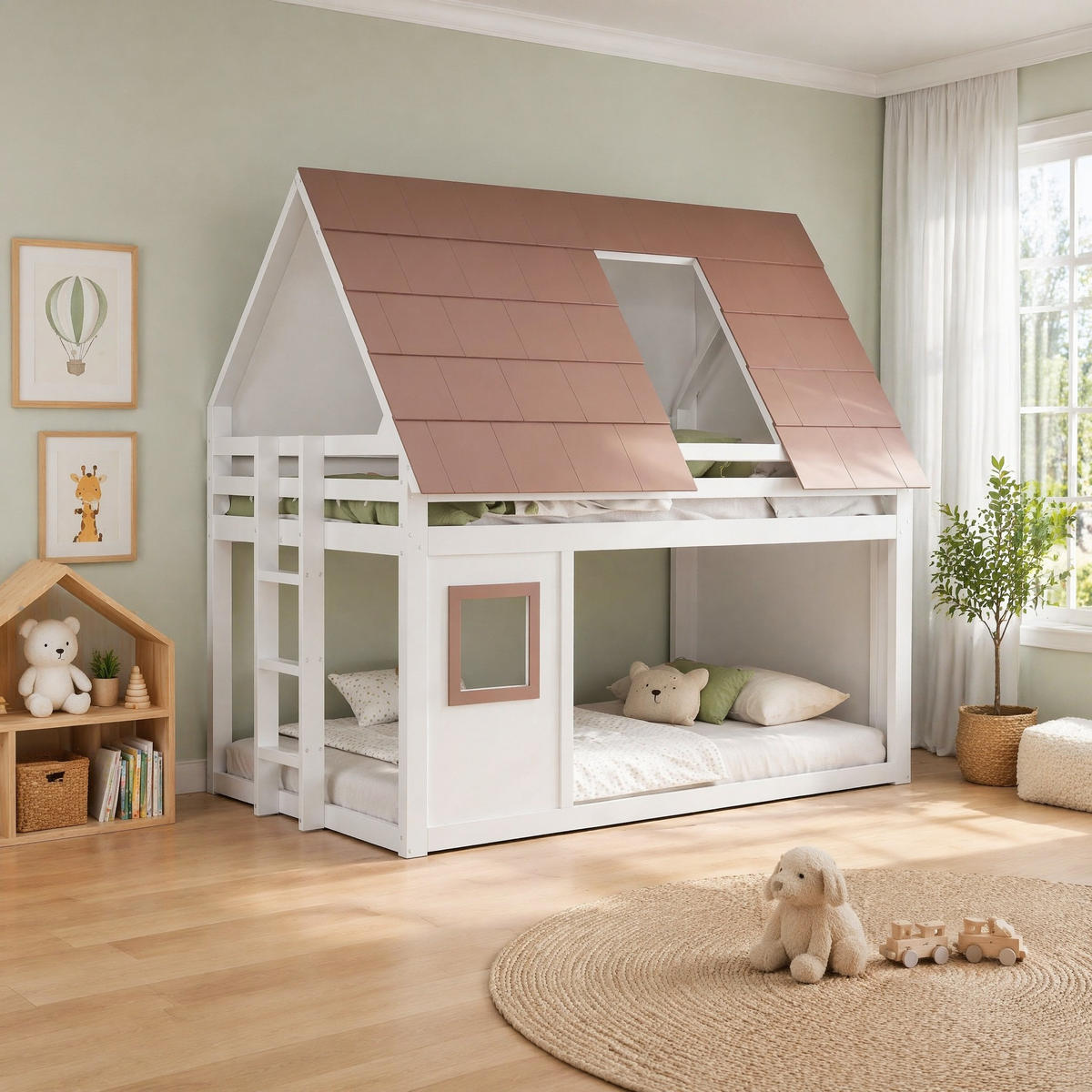 HAUSBETT 140/200 mit Dach, Leiter und Geländer in Weiß und Braun - Weiß/Braun, Holzwerkstoff (140/200cm) - EVRYAE