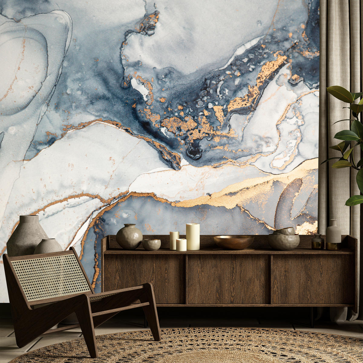 FOTOTAPETA Pre Obývaciu Izbu Mramor Modrá Moderná Zlaté Akcenty Elegantná 150 x 105 cm - žltá/sivá, papier (150/105cm) - Muralo