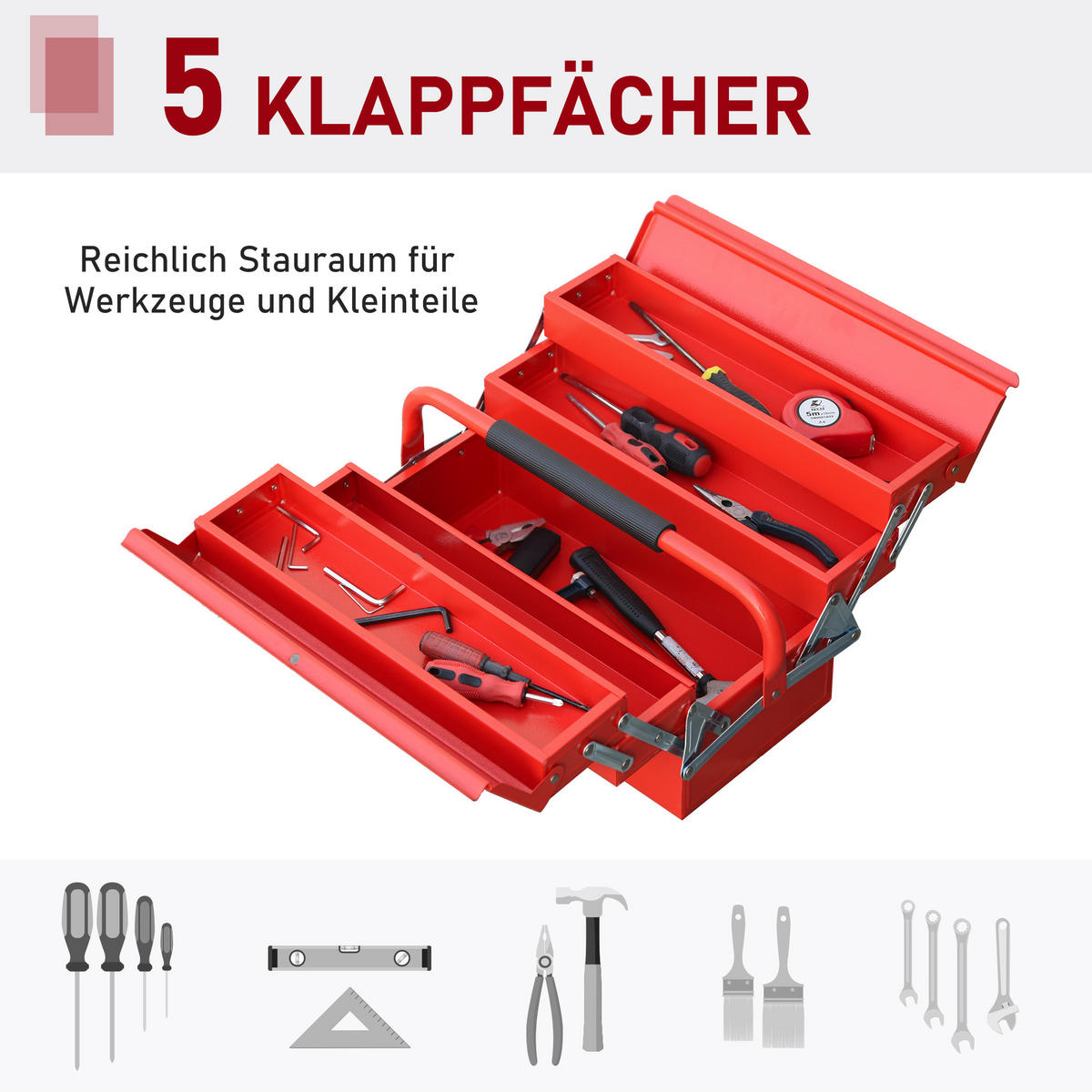 WERKZEUGKASTEN Werkzeugkoffer 5 Fächer aufklappbar Stahl Rot 45 x 20 x 34,5cm - Rot, Metall (20/34.5/45cm) - DURHAND