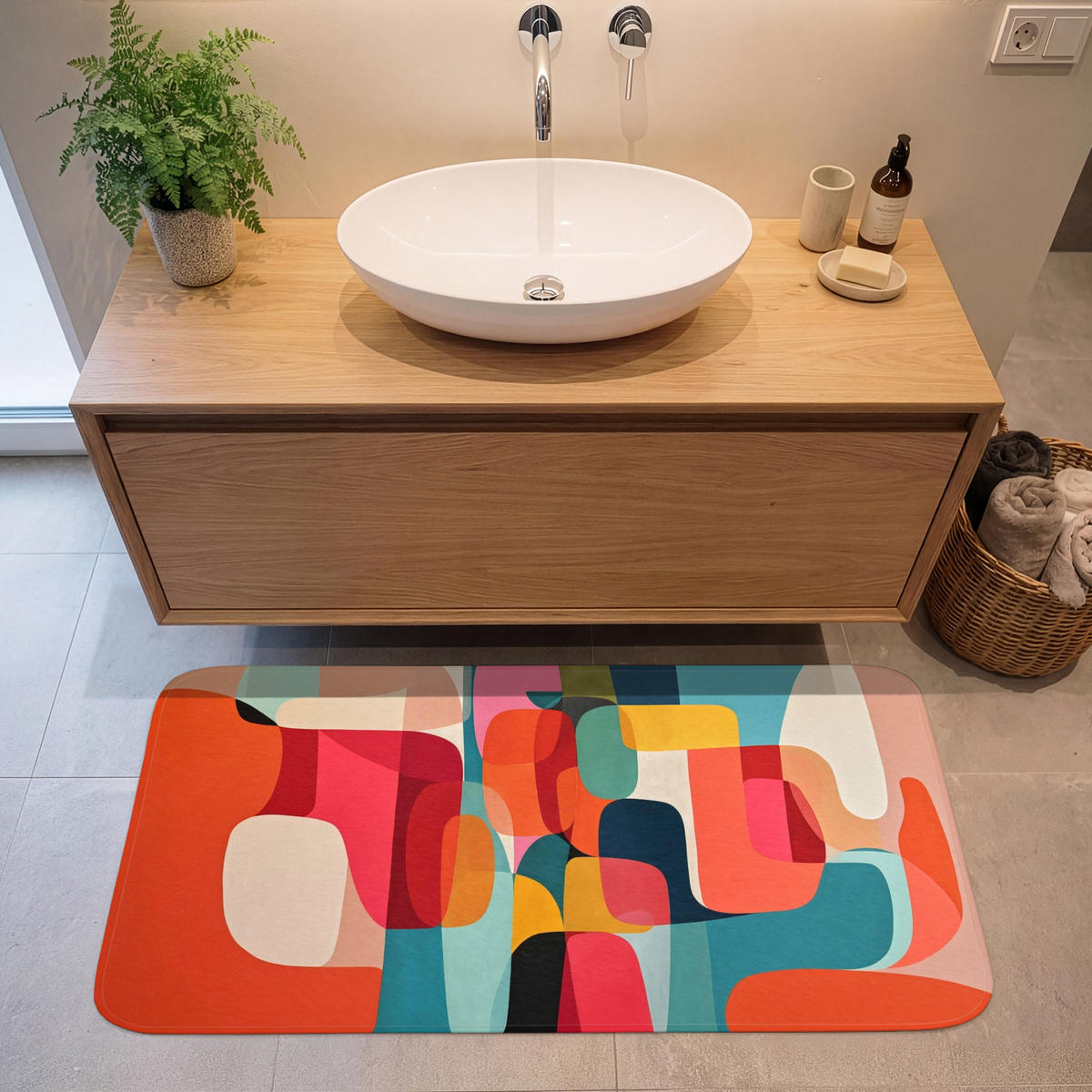 KOUPELNOVÁ PŘEDLOŽKA Tvary - barevné - abstraktní - letadla 120x60 cm - různobarevná, textil/plast (120/60cm) - OnlyWow