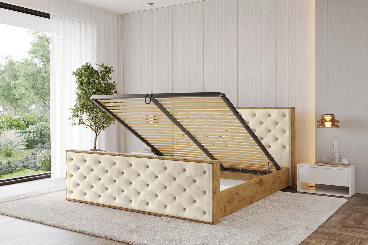 POLSTERBETT mit Bettkasten, Fußteil und Lattenrost, Boxbett ohne Matratze - ENZO3-Z 160x200 Beige - Ecru, Holzwerkstoff/Textil (160/200cm) - ALTDECOR
