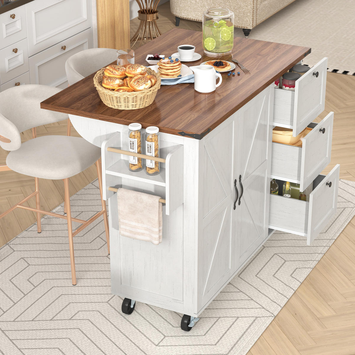 KÜCHENINSEL 140/45/92,5 cm beige mit klappbarer Arbeitsplatte - Weiß, Holzwerkstoff (140/92.5/73cm) - OKWISH